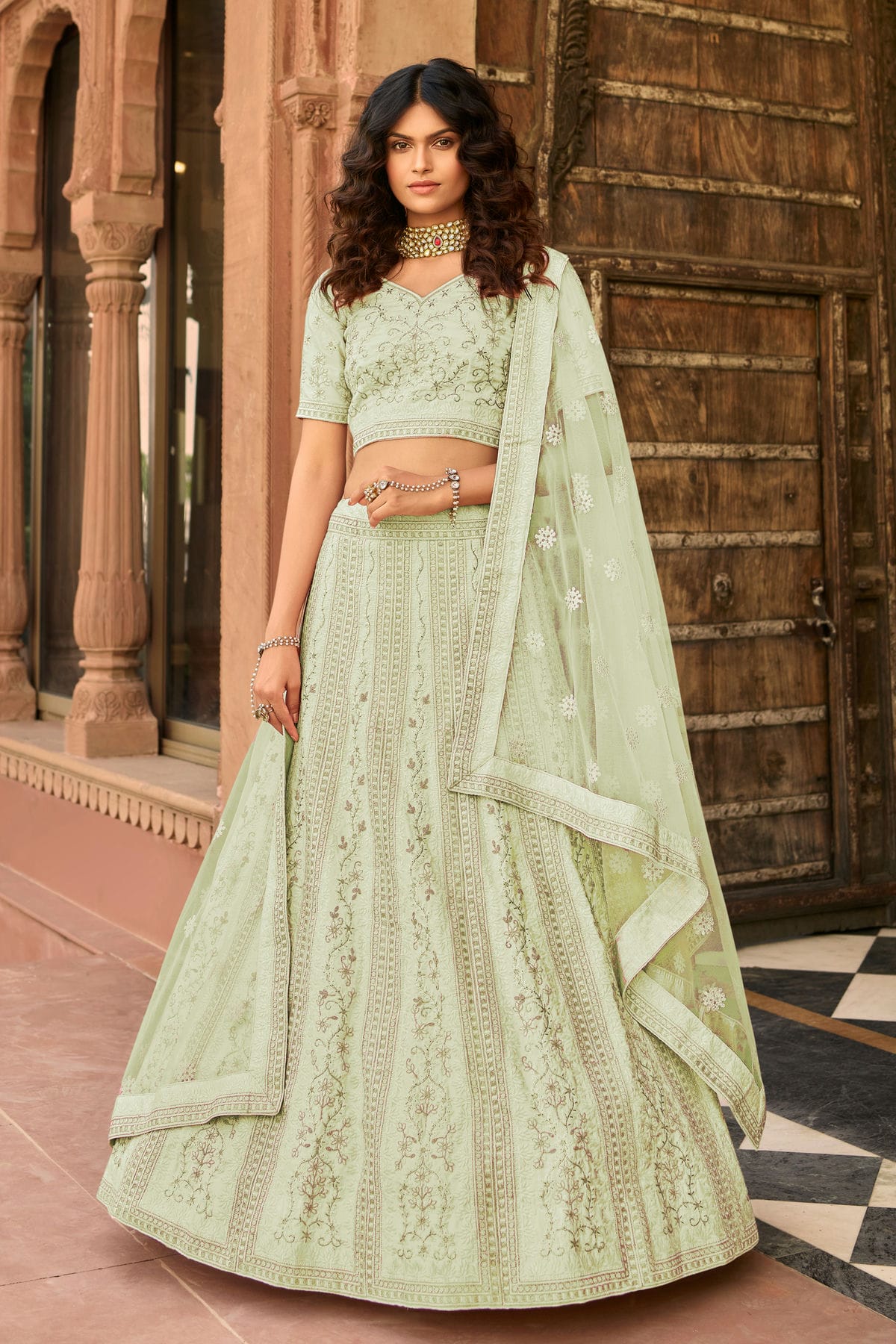 Pastel Green Colour Embroidery Organza Lehenga Choli VSLD1080812
