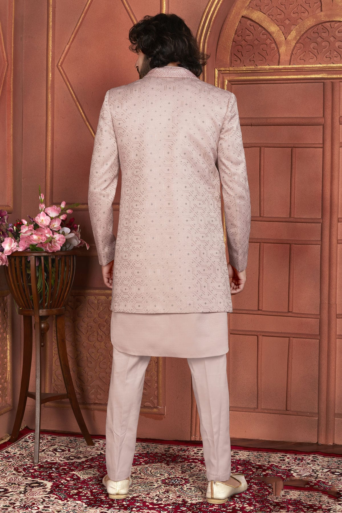 Peach Colour Art Silk Indowestern Sherwani With Aligadhi Pant VSSH1230001