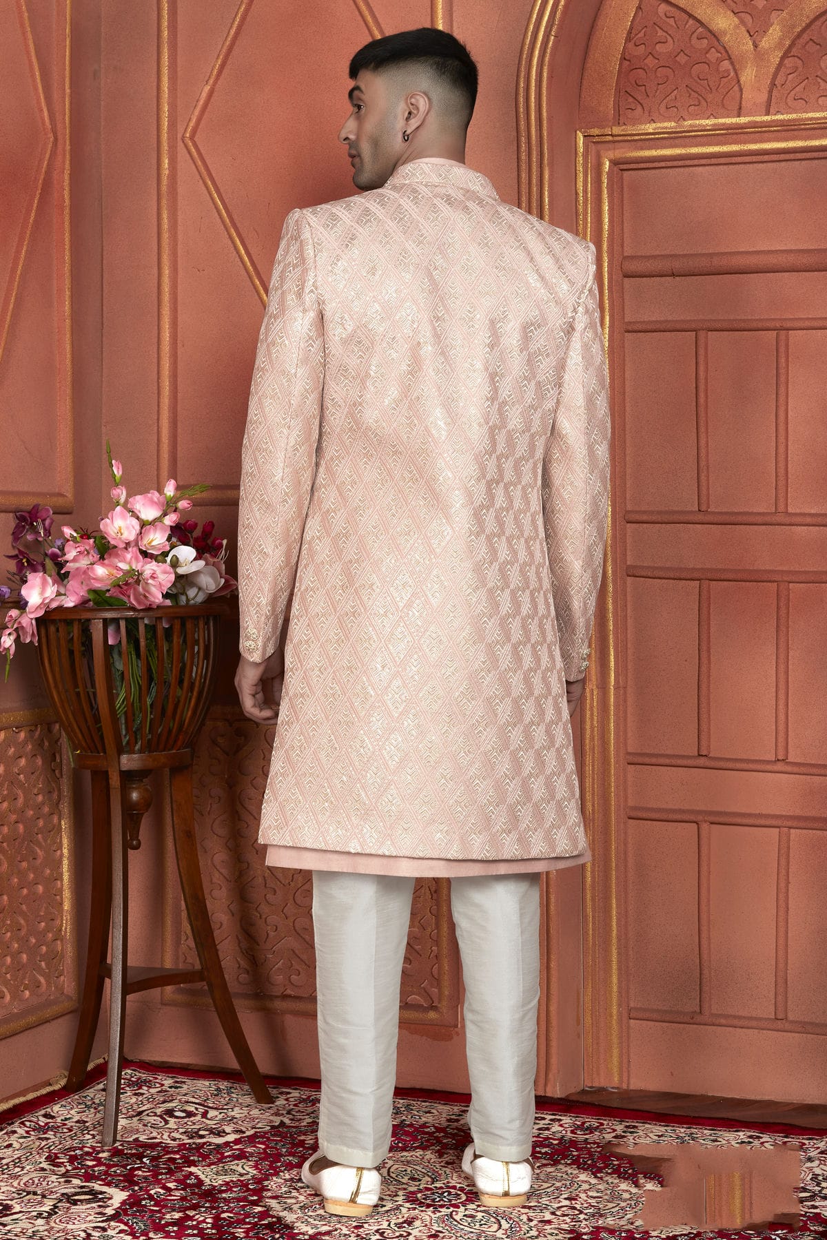 Peach Colour Art Silk Indowestern Sherwani With Aligadhi Pant VSSH1230008