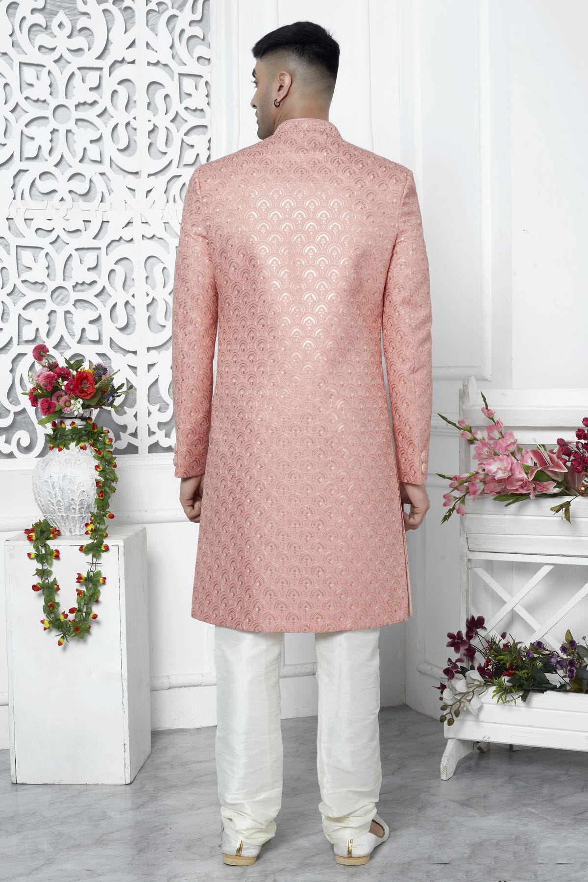 Peach Colour Art Silk Sherwani With Churidar Pant VSSH1230062