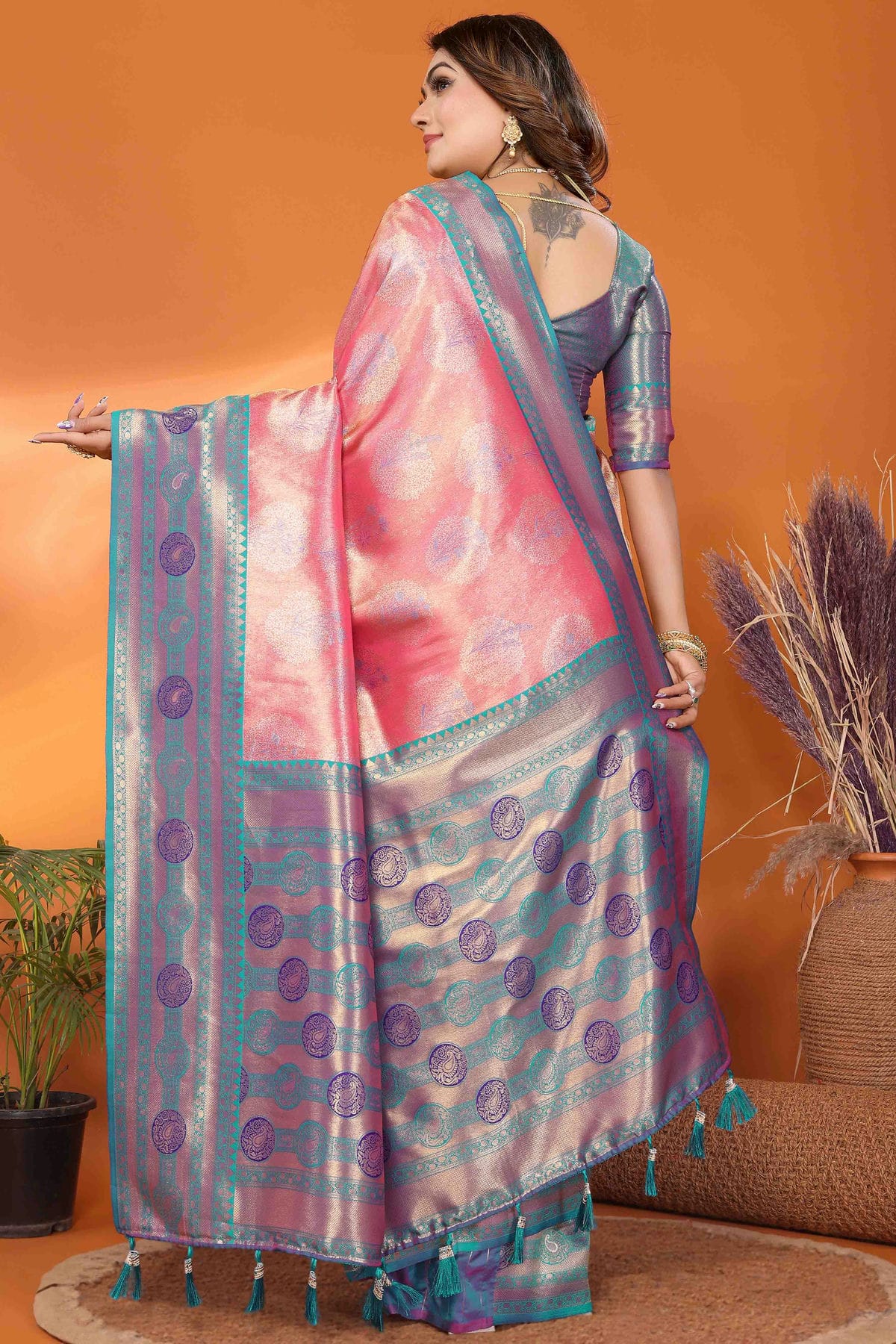 Peach Colour Banarasi Tissue Silk Traditional Saree
