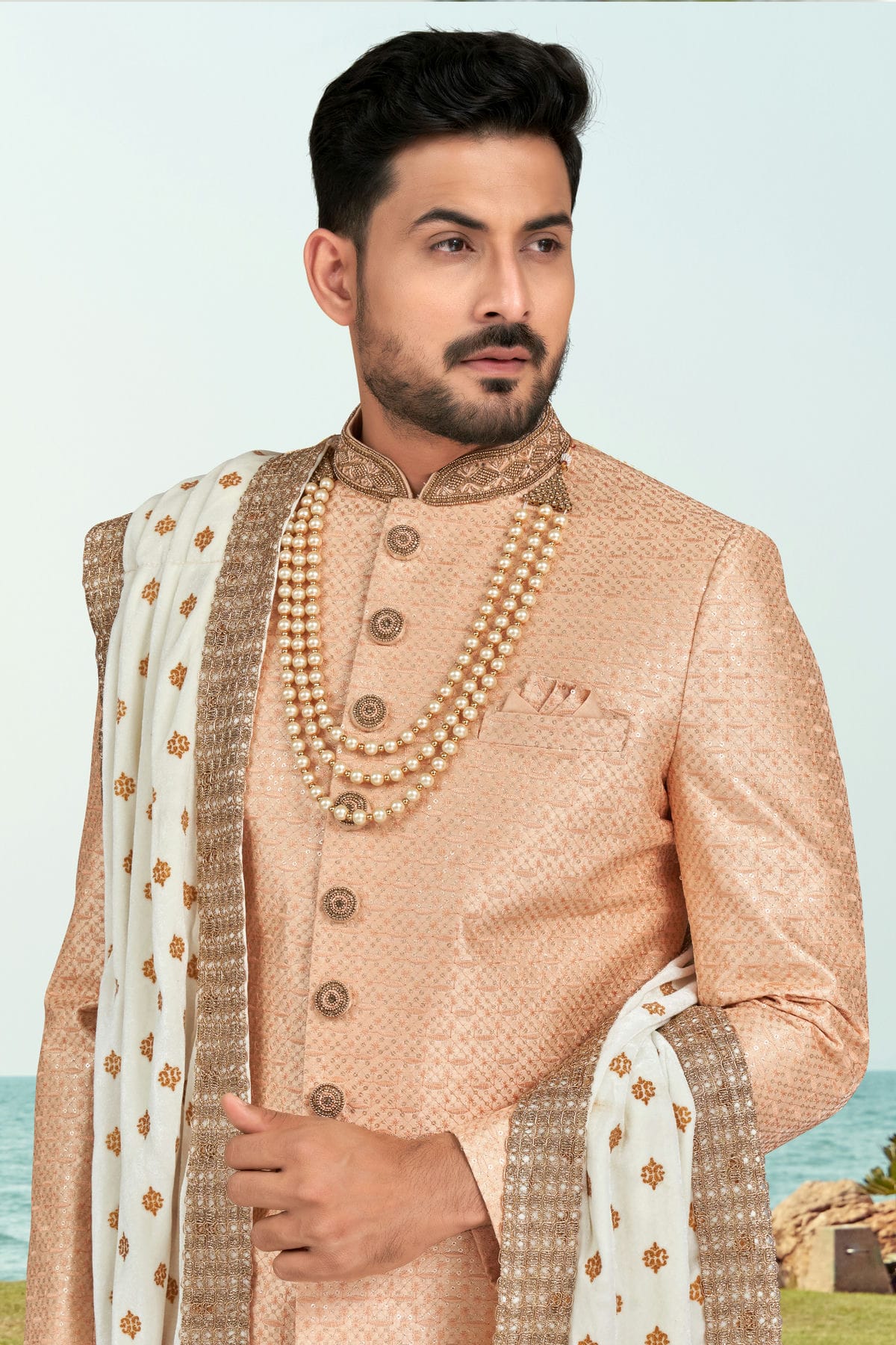 Peach Colour Champion Silk Sherwani VSSH1040518