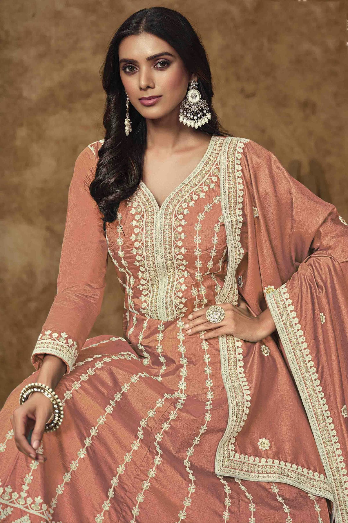 Peach Colour Dola Silk Semi Stitched Anarkali Suit VSSM1050704