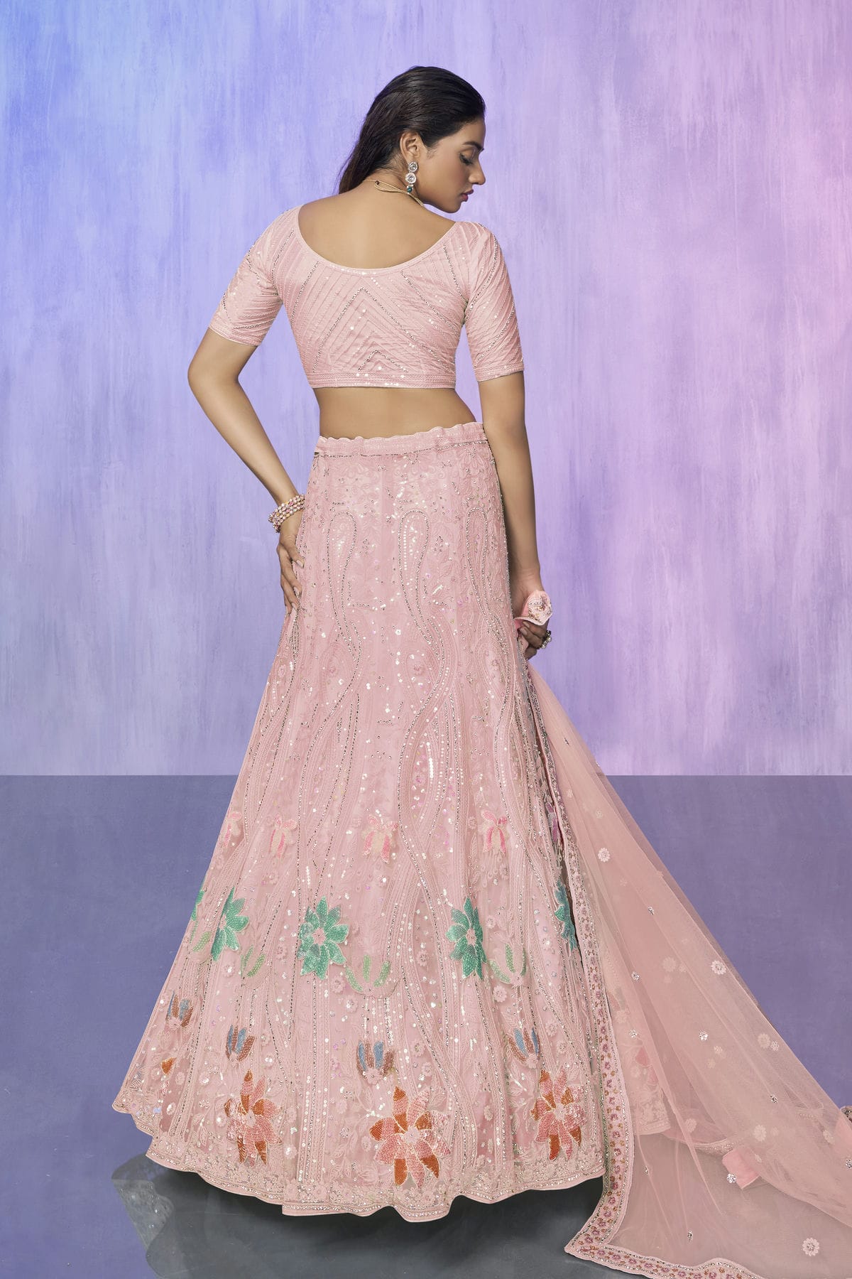 Peach Colour Embroidery Net Lehenga Choli VSLD1080740
