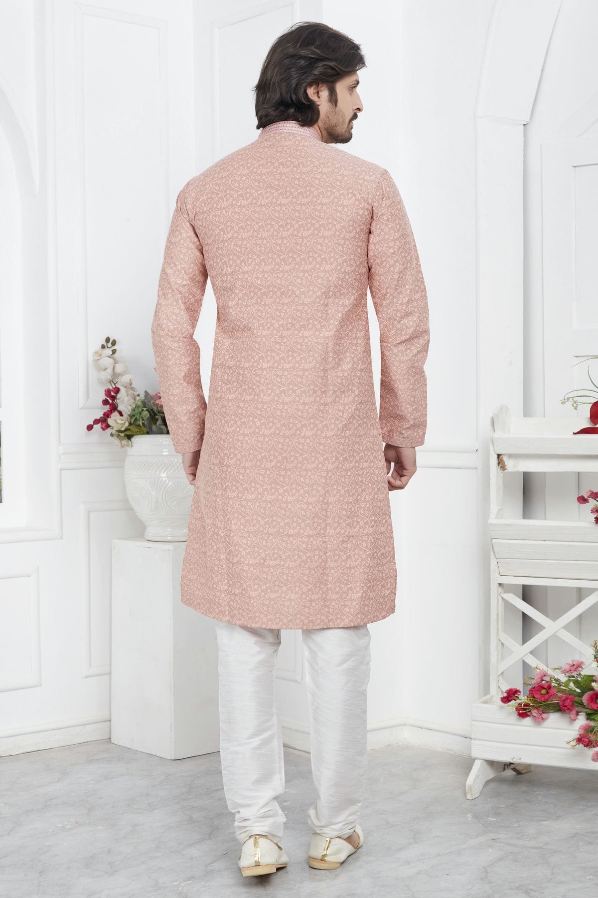 Peach Colour Jacquard Silk Brocade Kurta Pajama VSKP1230212