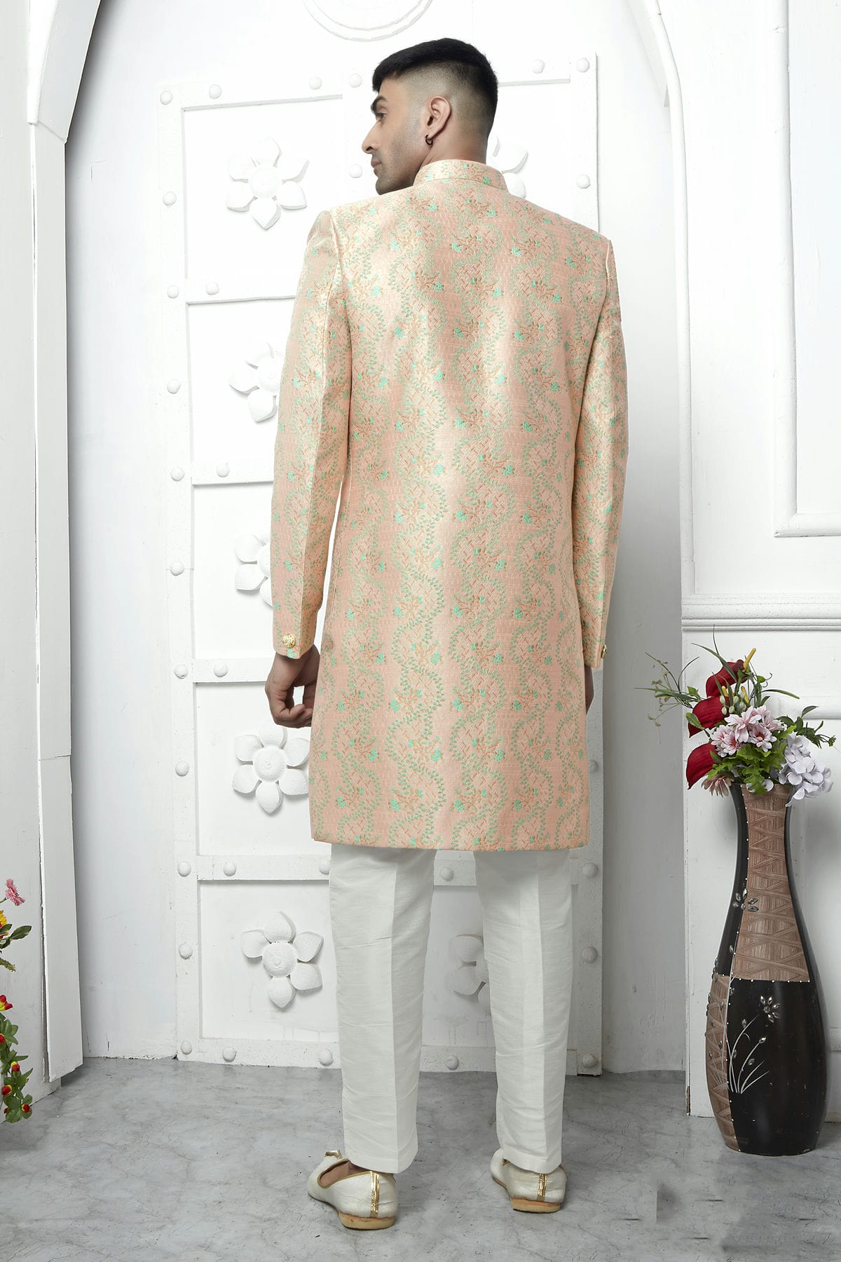 Peach Colour Jacquard Silk Indowestern Sherwani With Aligadhi Pant VSSH1230036