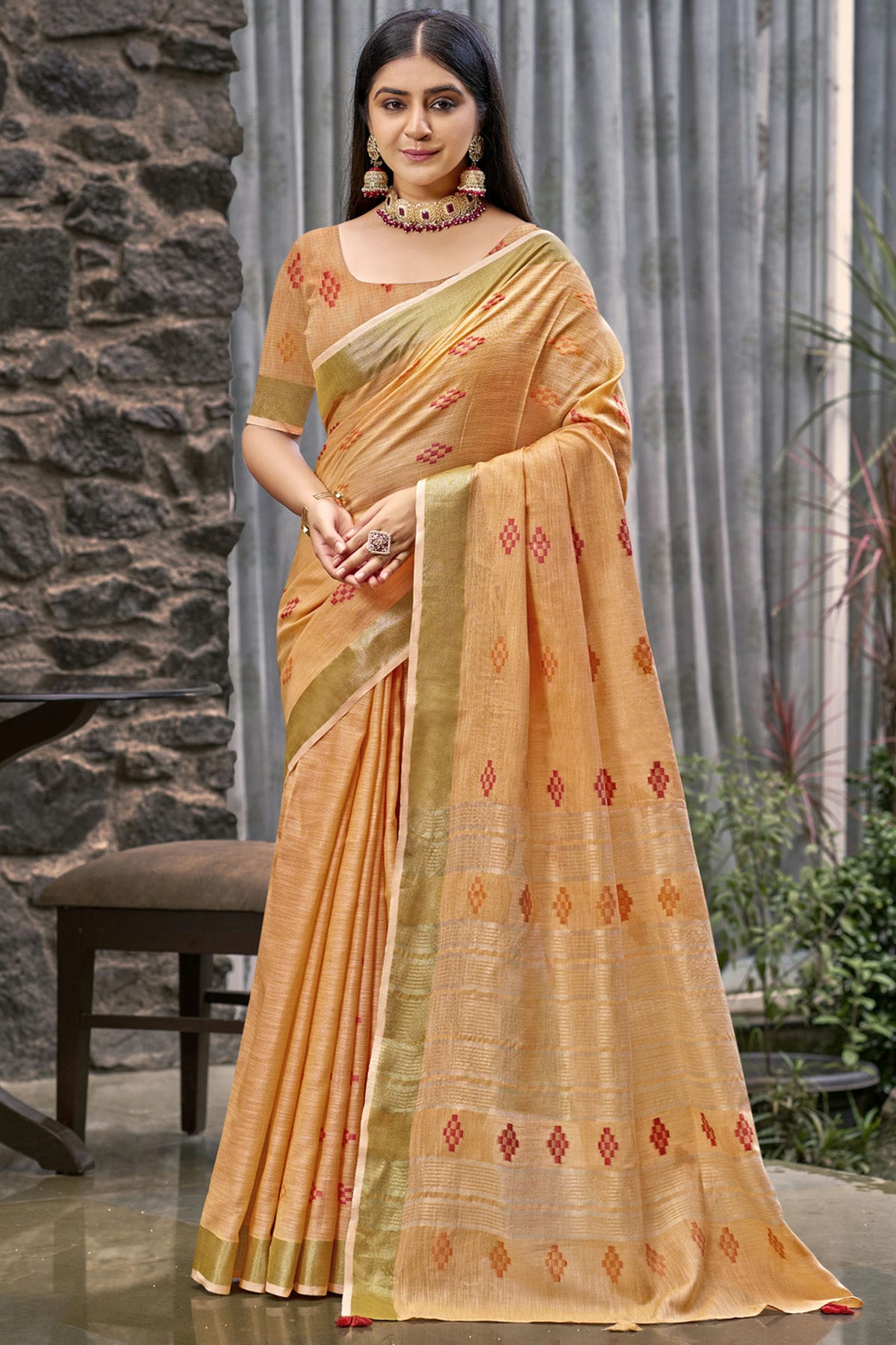 Peach Colour Linen Woven Work Traditional Saree