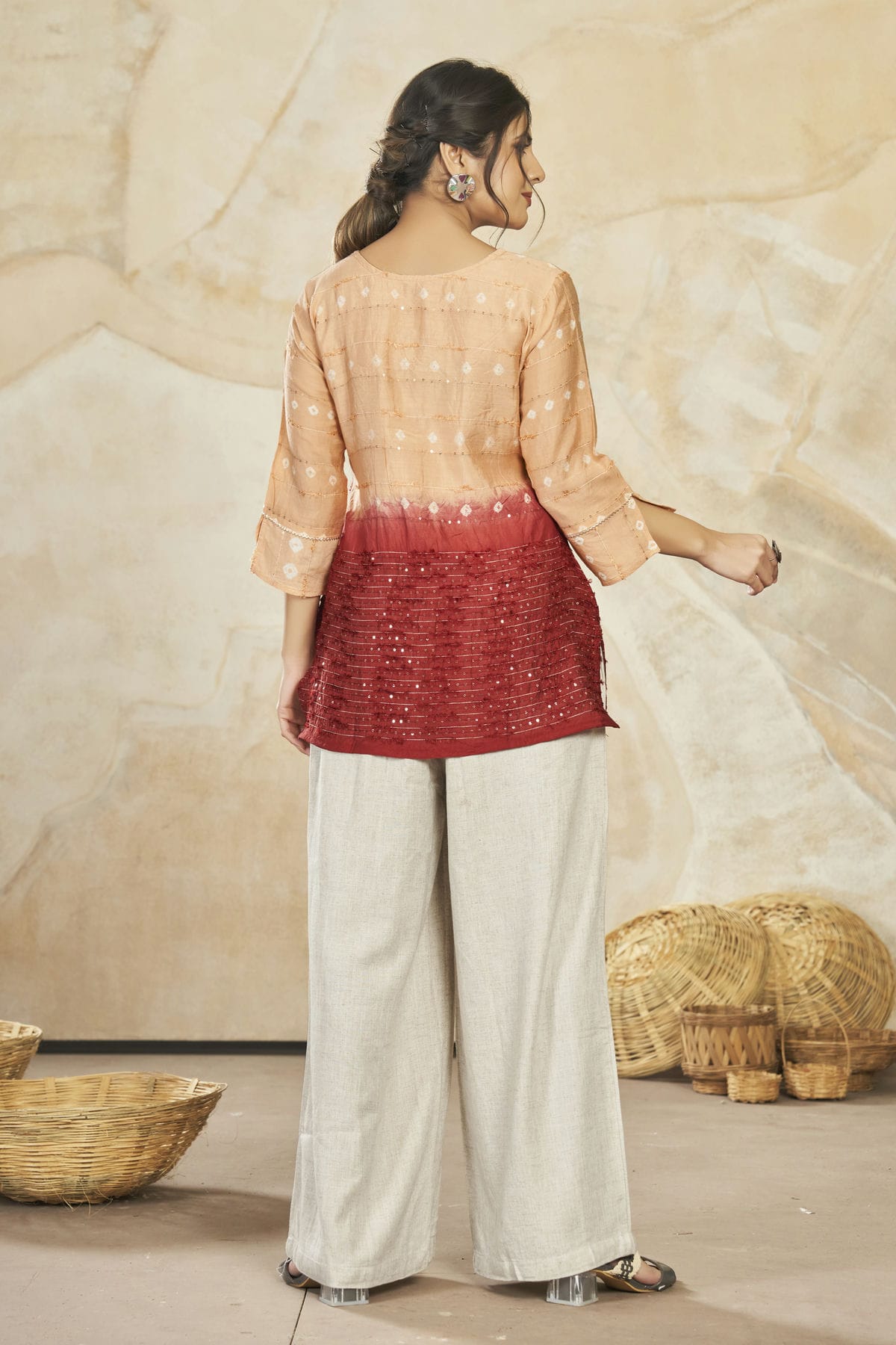 Peach Colour Modal Silk Sequins Work Work Readymade Top VSTP1110756