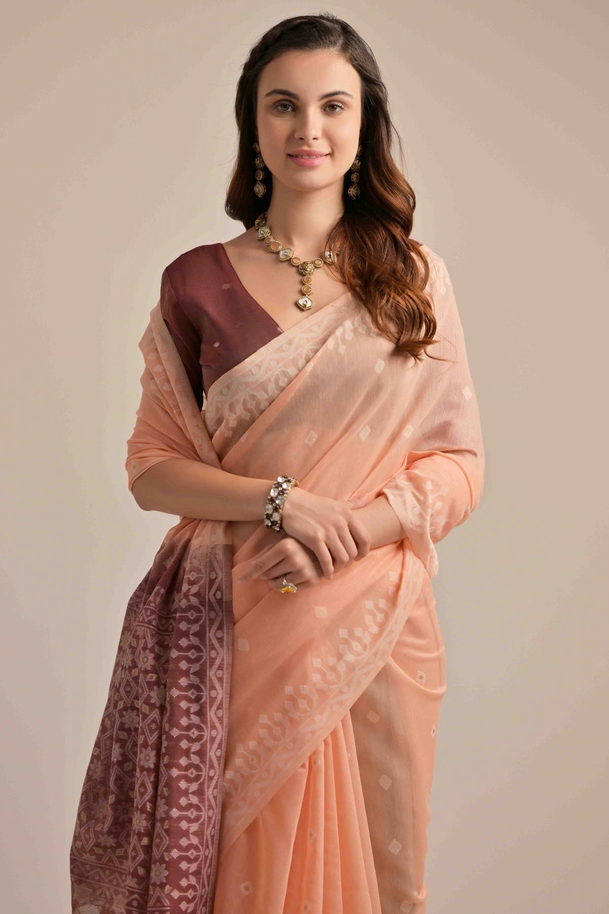 Peach Colour Muga Cotton Traditional Saree