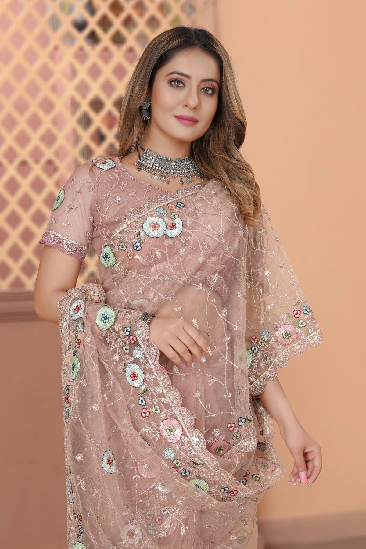 Peach Colour Net Designer Saree VSLC1121437