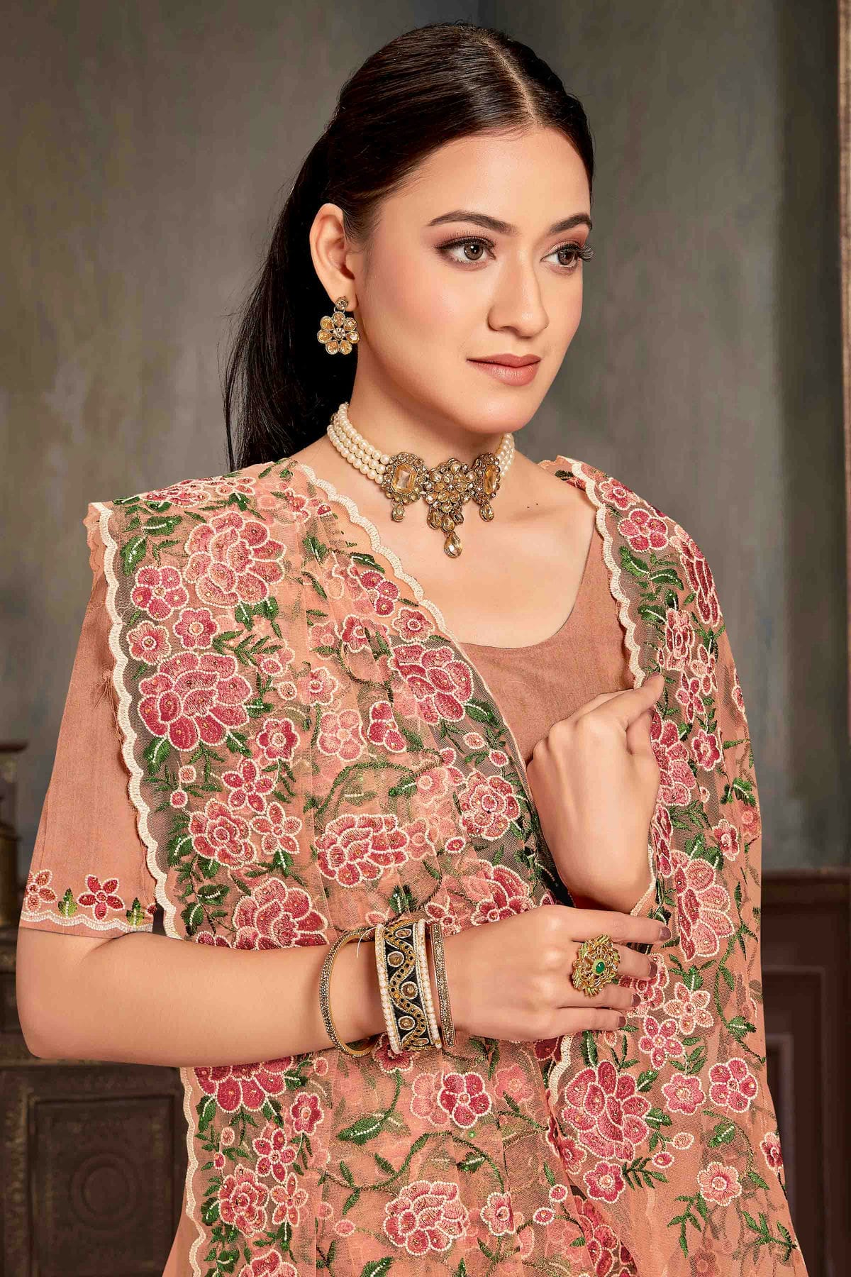 Peach Colour Net Embroidery Work Designer Saree VSSD1091235