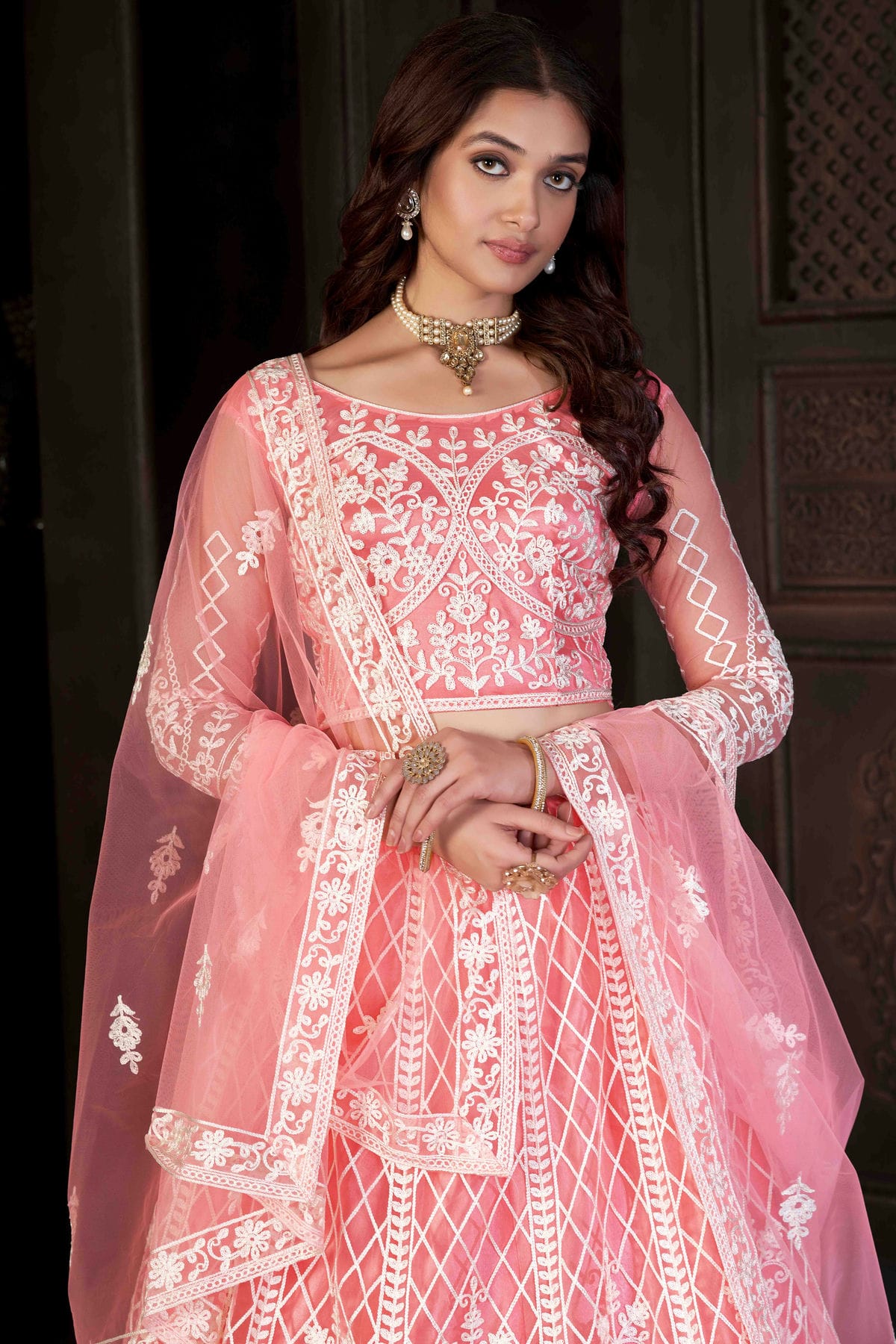 Peach Colour Net Semi Stitched Lehenga Choli VSLC1170057