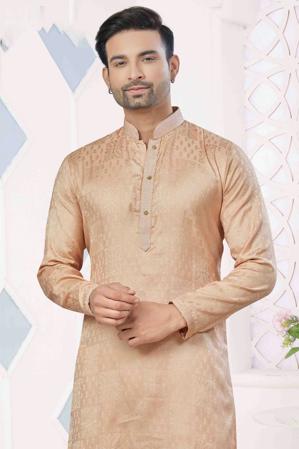 Peach Colour Pintex Work and Woven Jacquard Silk Kurta Pajama VSKP1113402