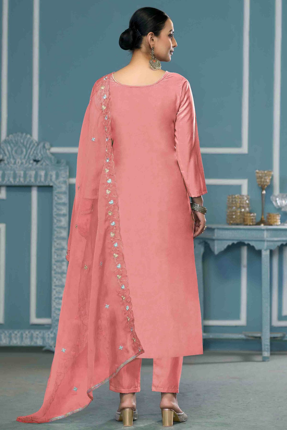 Peach Colour Roman Cotton Pant Style Suit VSSM1113240