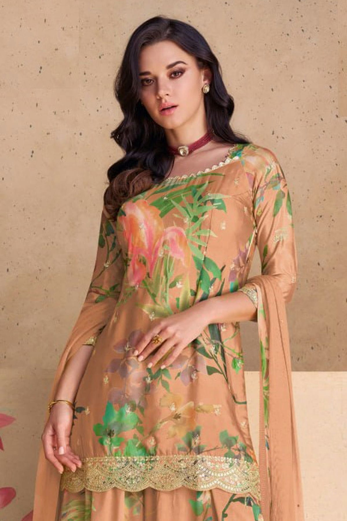 Peach Colour Semi Stitched Chinon Palazzo Pant Suit VSSM1140233