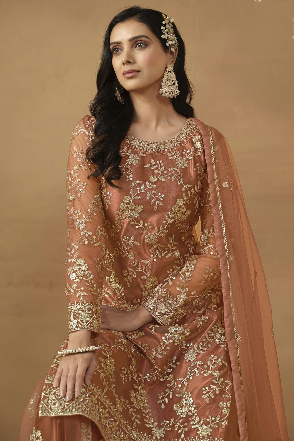 Peach Colour Semi Stitched Net Sharara Suit VSSM1050460