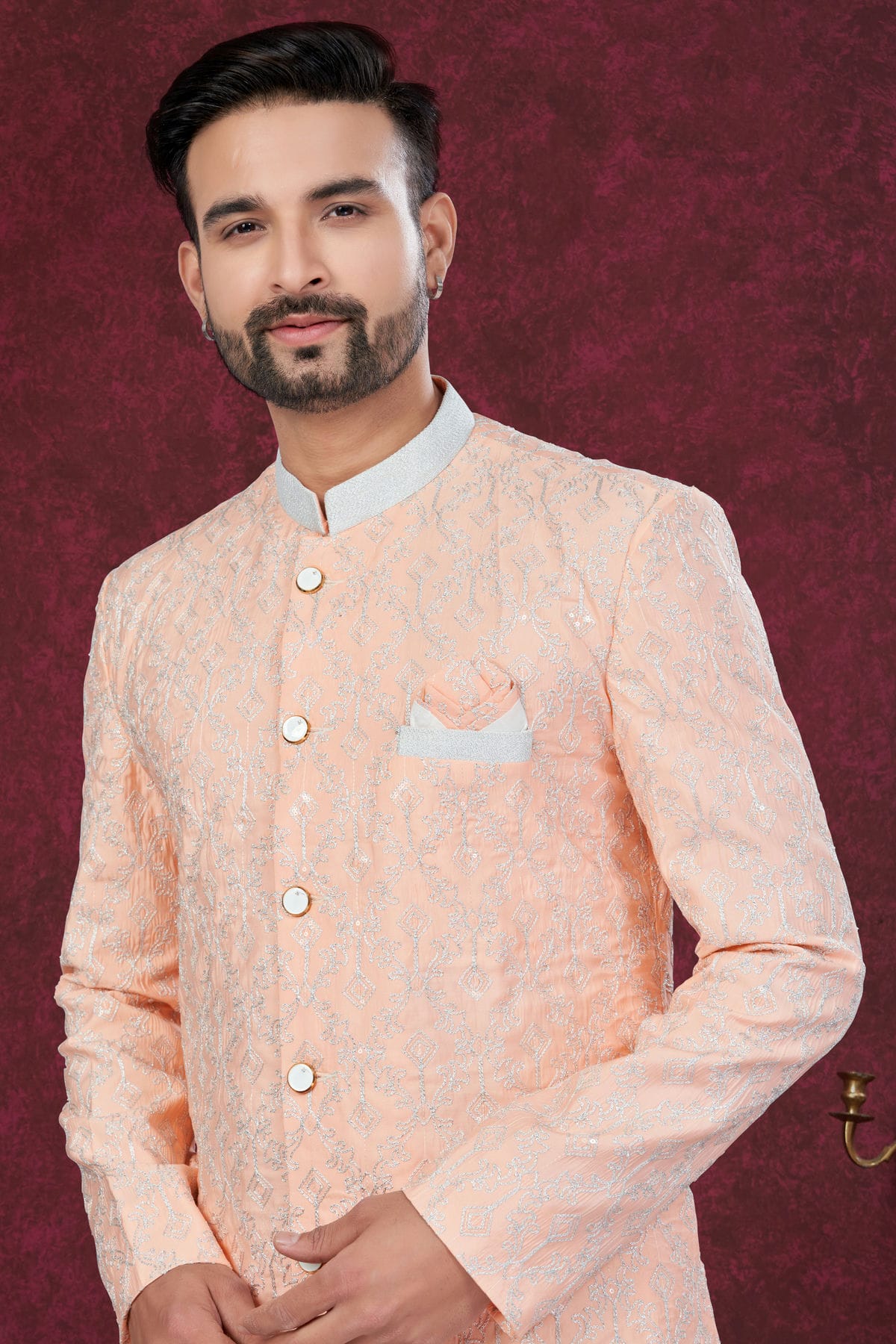 Peach Colour Silk Dupion Dhoti Sherwani VSSH1040640