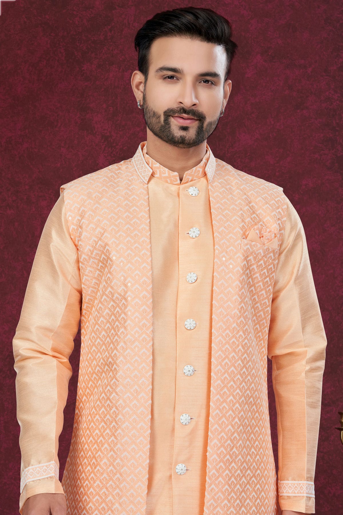 Peach Colour Silk Dupion Sherwani VSSH1040588