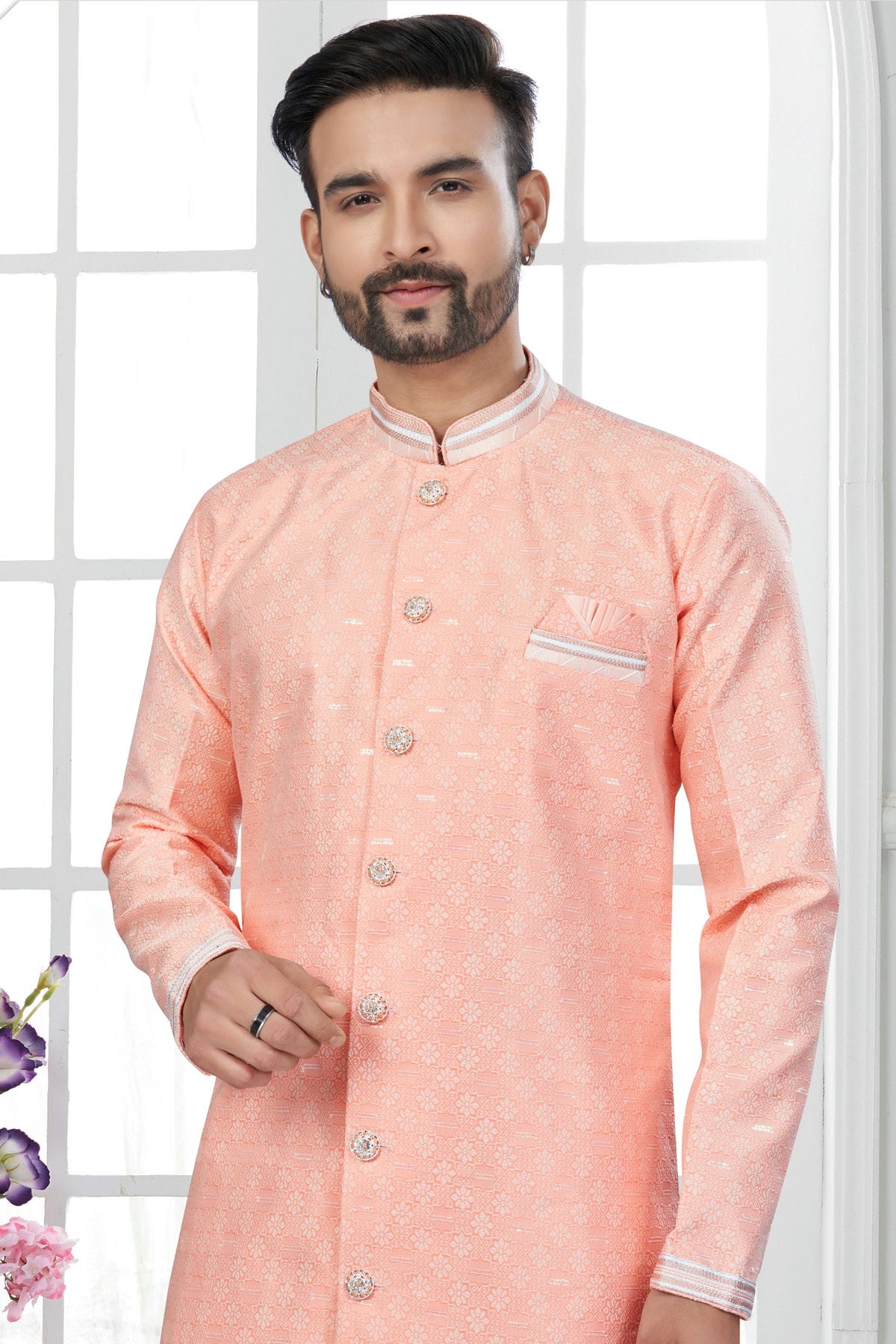 Peach Colour Silk Dupion Sherwani VSSH1040597