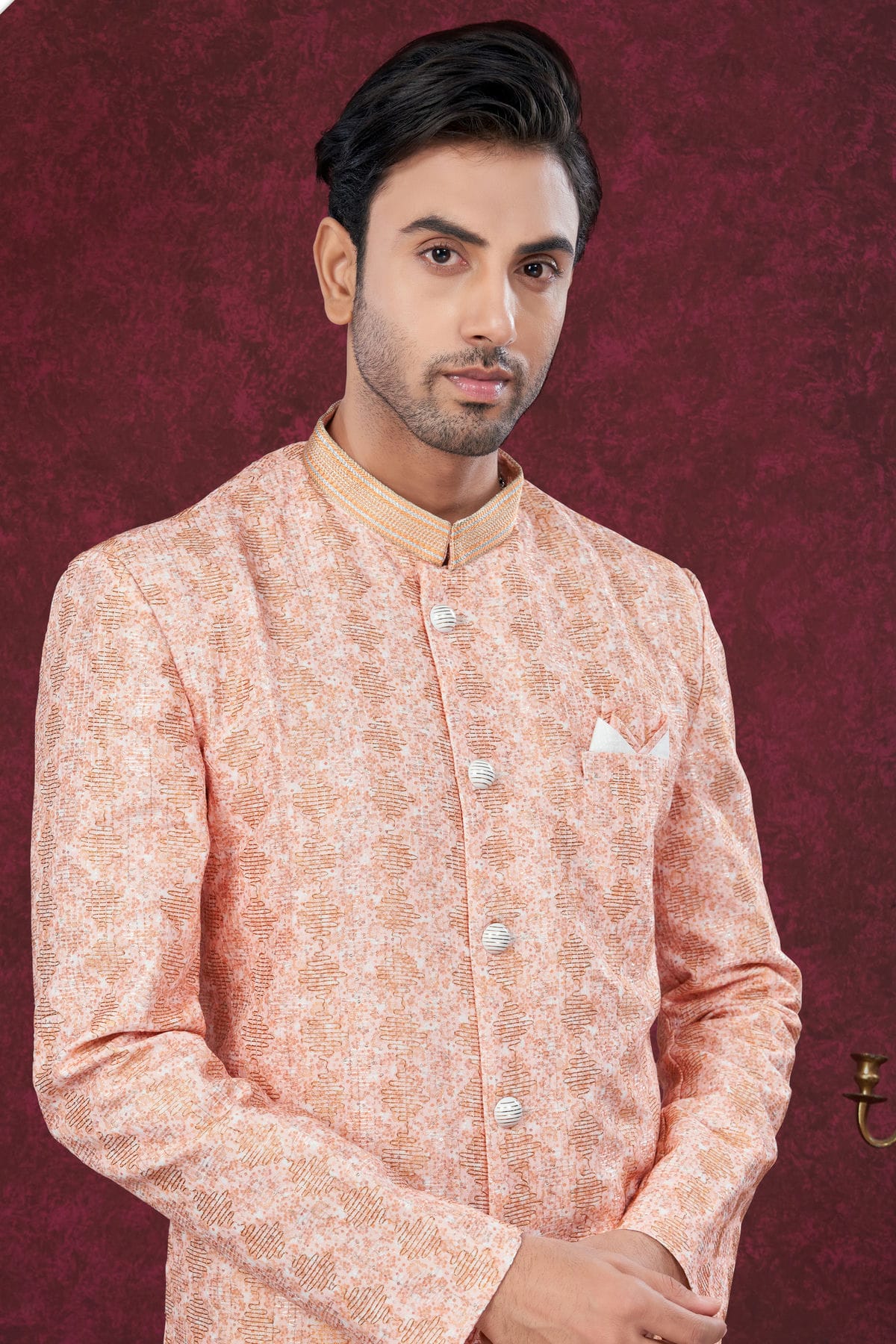 Peach Colour Silk Dupion Sherwani VSSH1040618