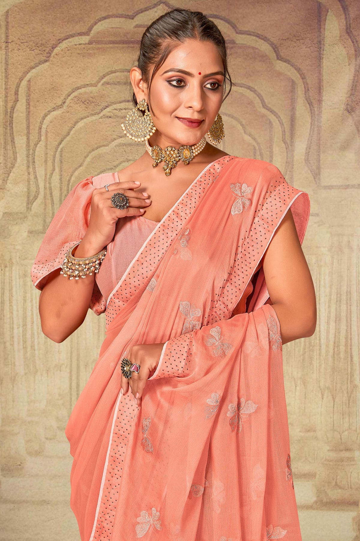 Peach Colour Soft Silk Chiffon Designer Saree VSLC1121523