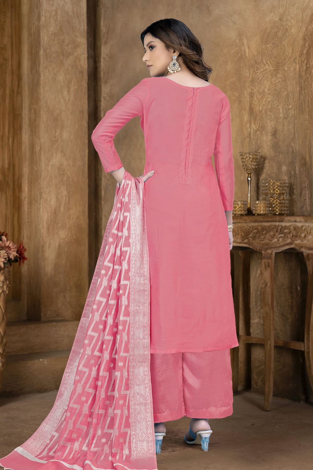 Peach Colour Unstitched Banarasi Jacquard Palazoo Pant Suit VSUS1161362