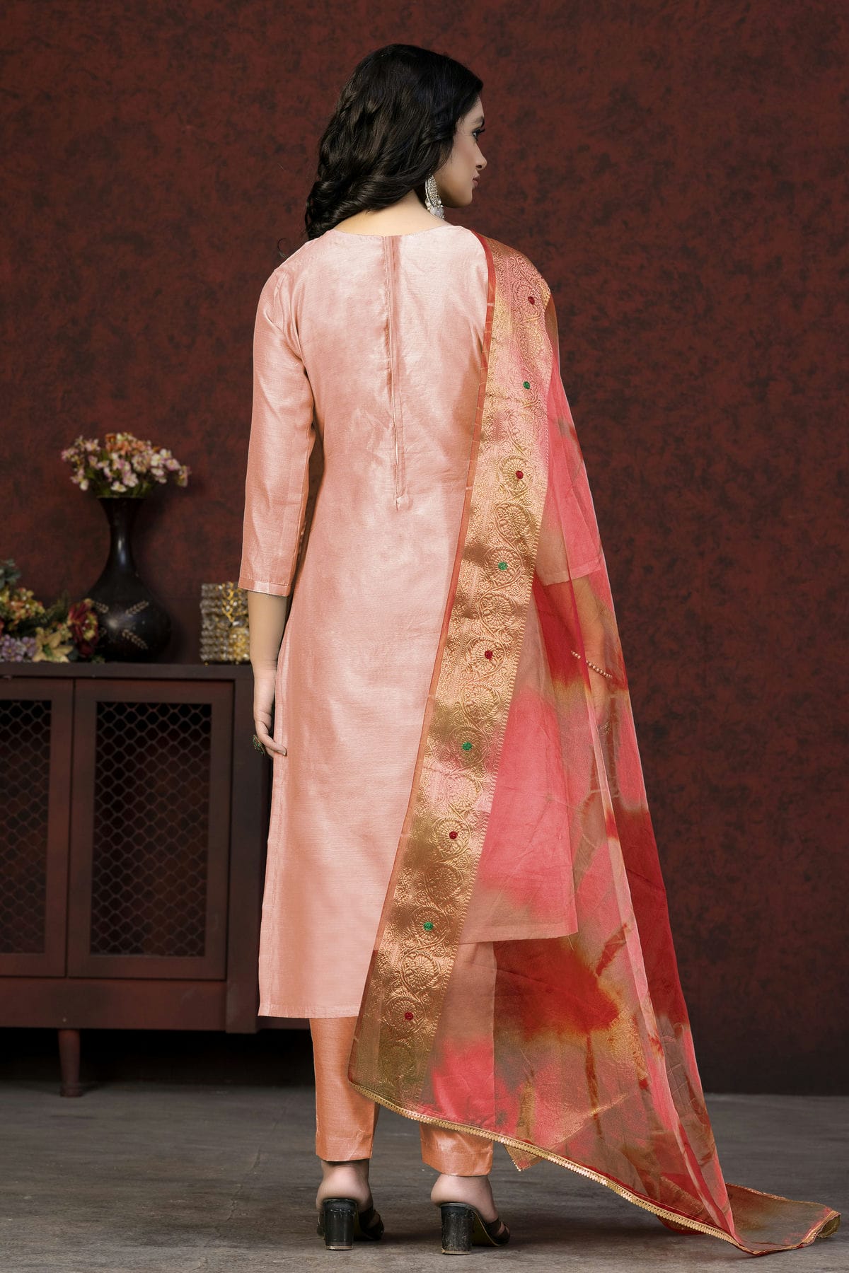 Peach Colour Unstitched Modal Chanderi Fabric Straight Suit VSUS1161012
