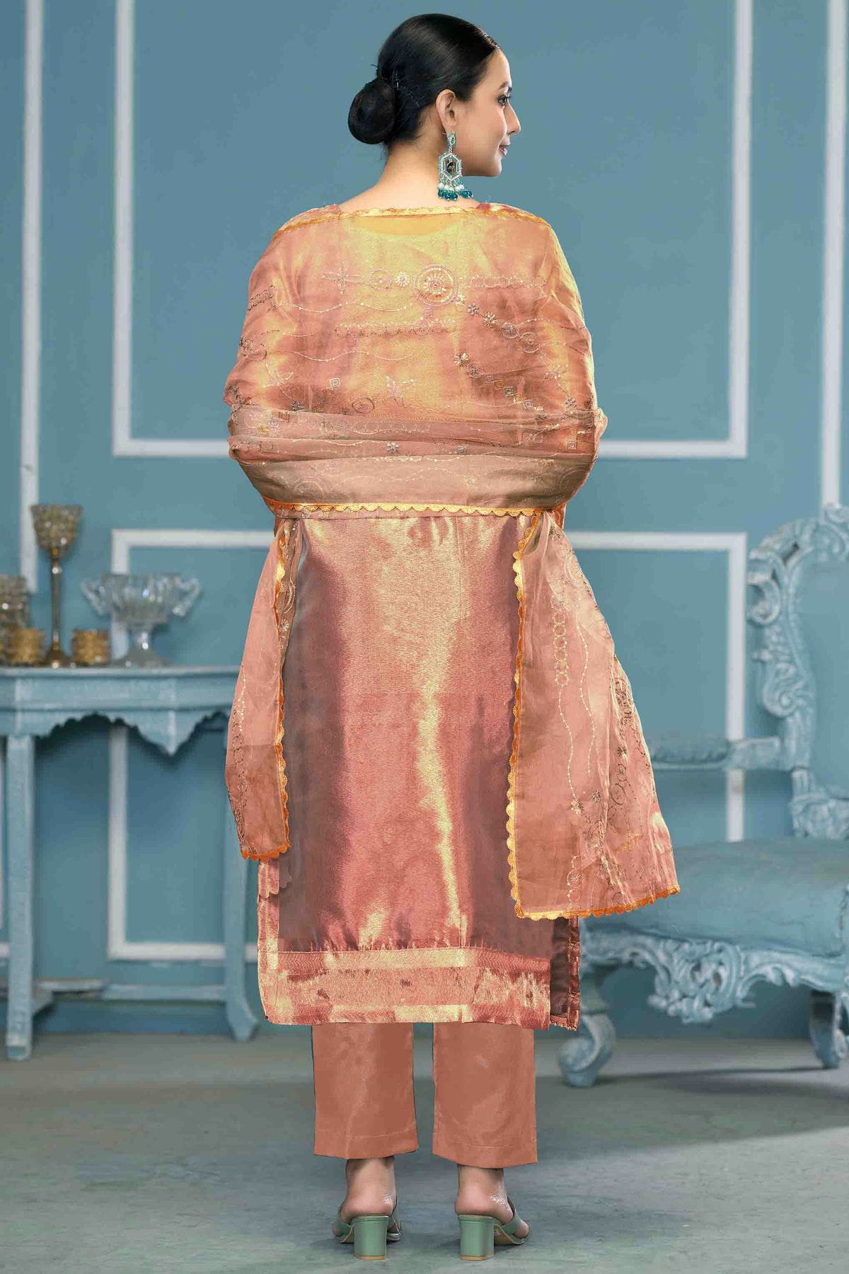 Peach Colour Viscose Organza Pant Style Suit VSSM1113194
