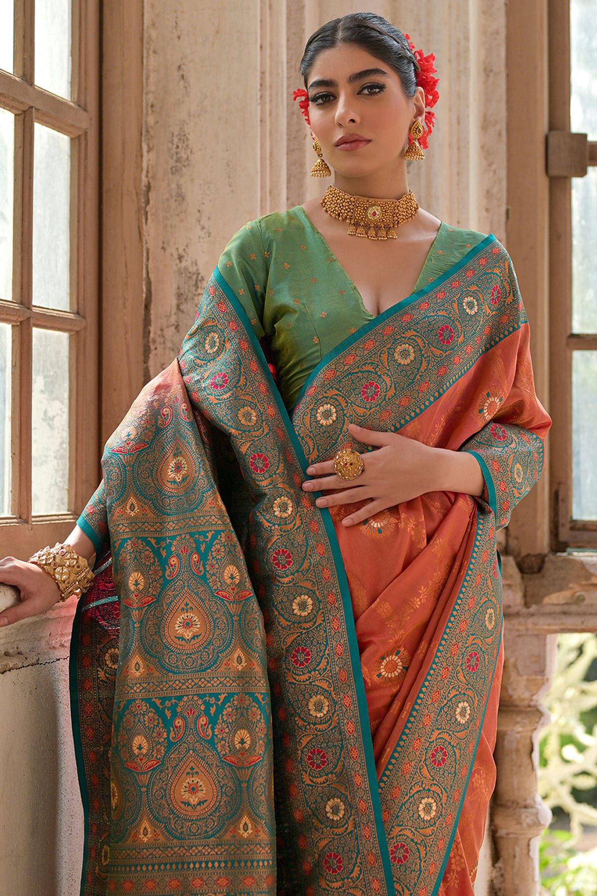 Peach Colour Woven Work Banarasi Silk Saree