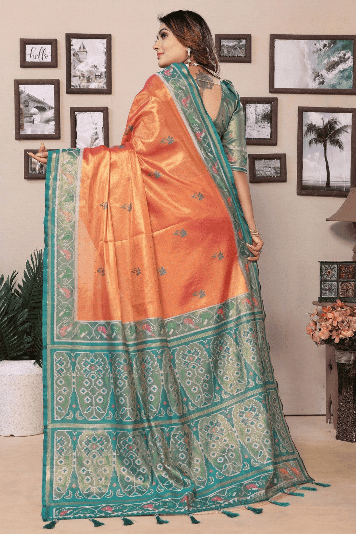 Peach Colour Woven Work Pure Banarasi Tissue Silk Traditional Saree