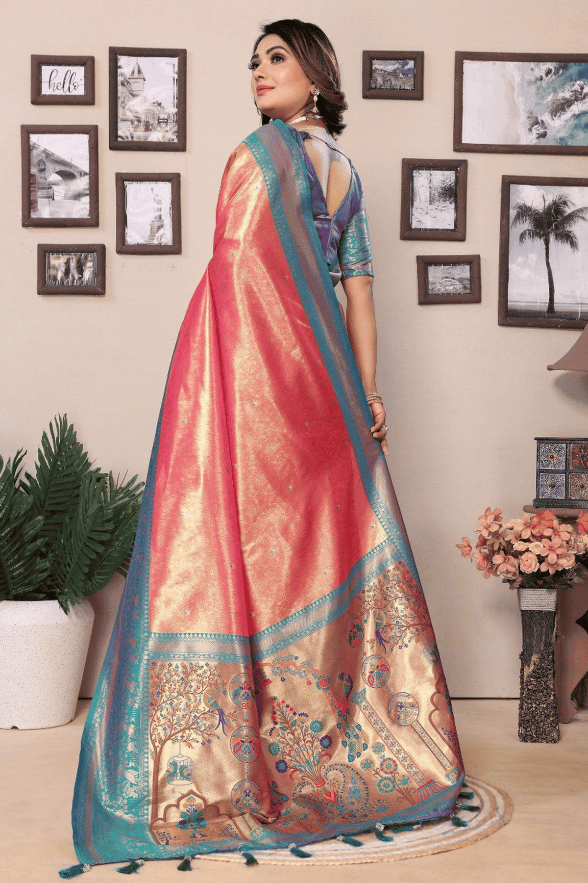 Peach Colour Woven Work Pure Banarasi Tissue Silk Traditional Saree