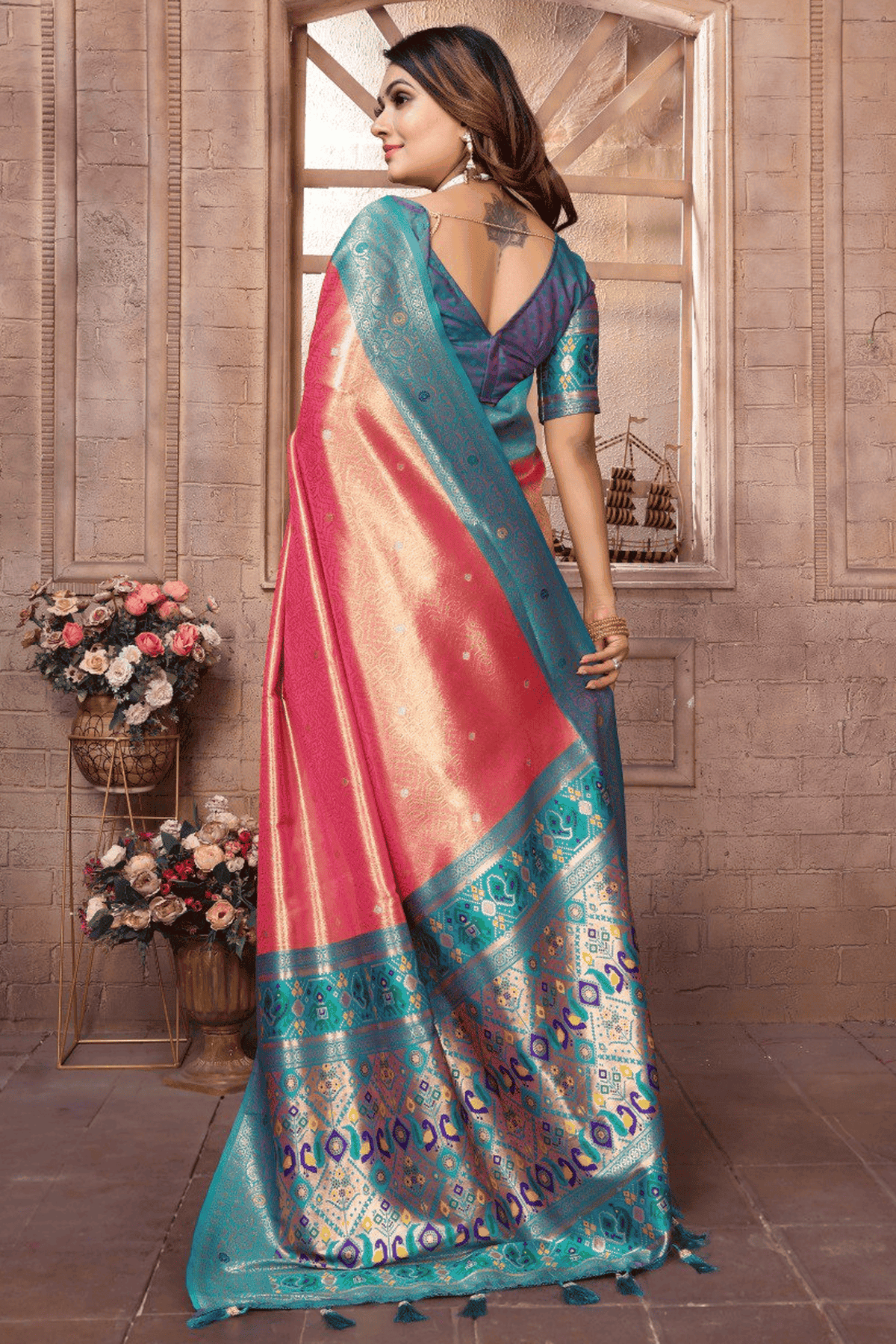 Peach Colour Woven Work Pure Banarasi Tissue Silk Traditional Saree