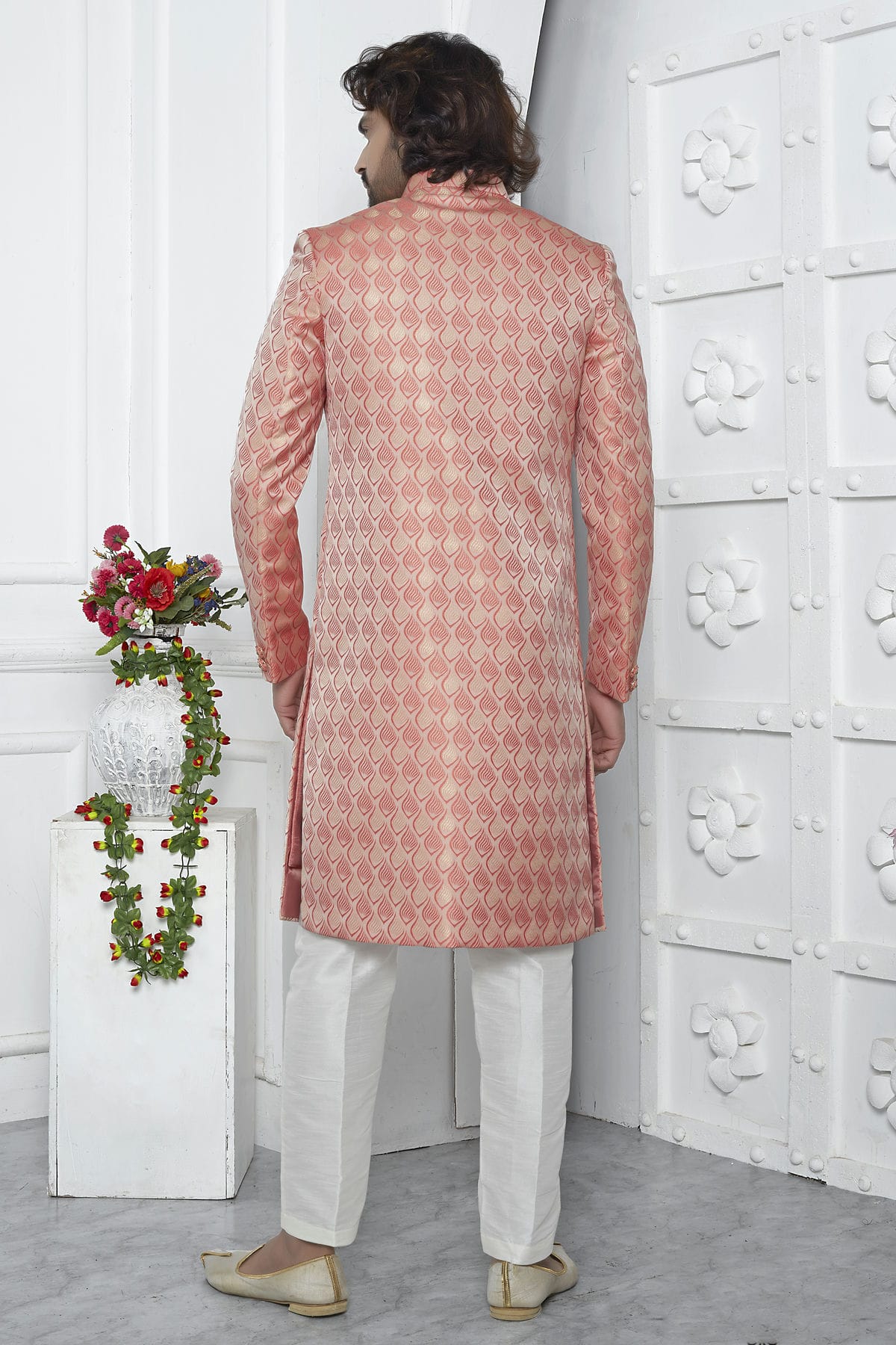 Peach and Pink Colour Jacquard Silk Indowestern Sherwani With Aligadhi Pant VSSH1230031