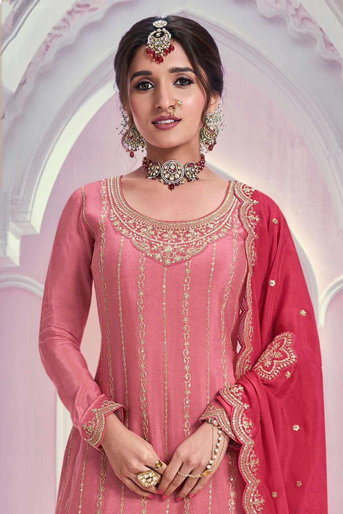 Pink Colour Chinon Palazzo Pant Suit VSSM1140604