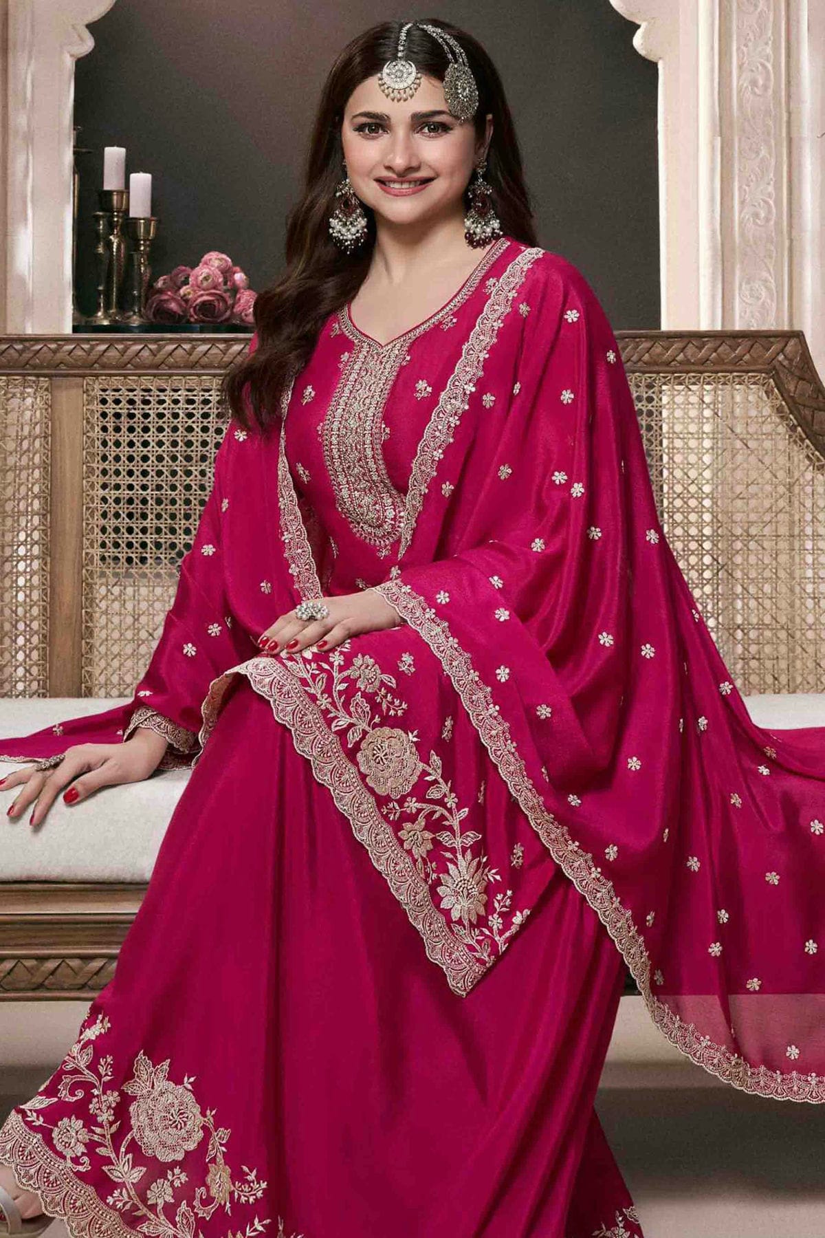 Pink Colour Chinon Palazzo Pant Suit VSSM1140921