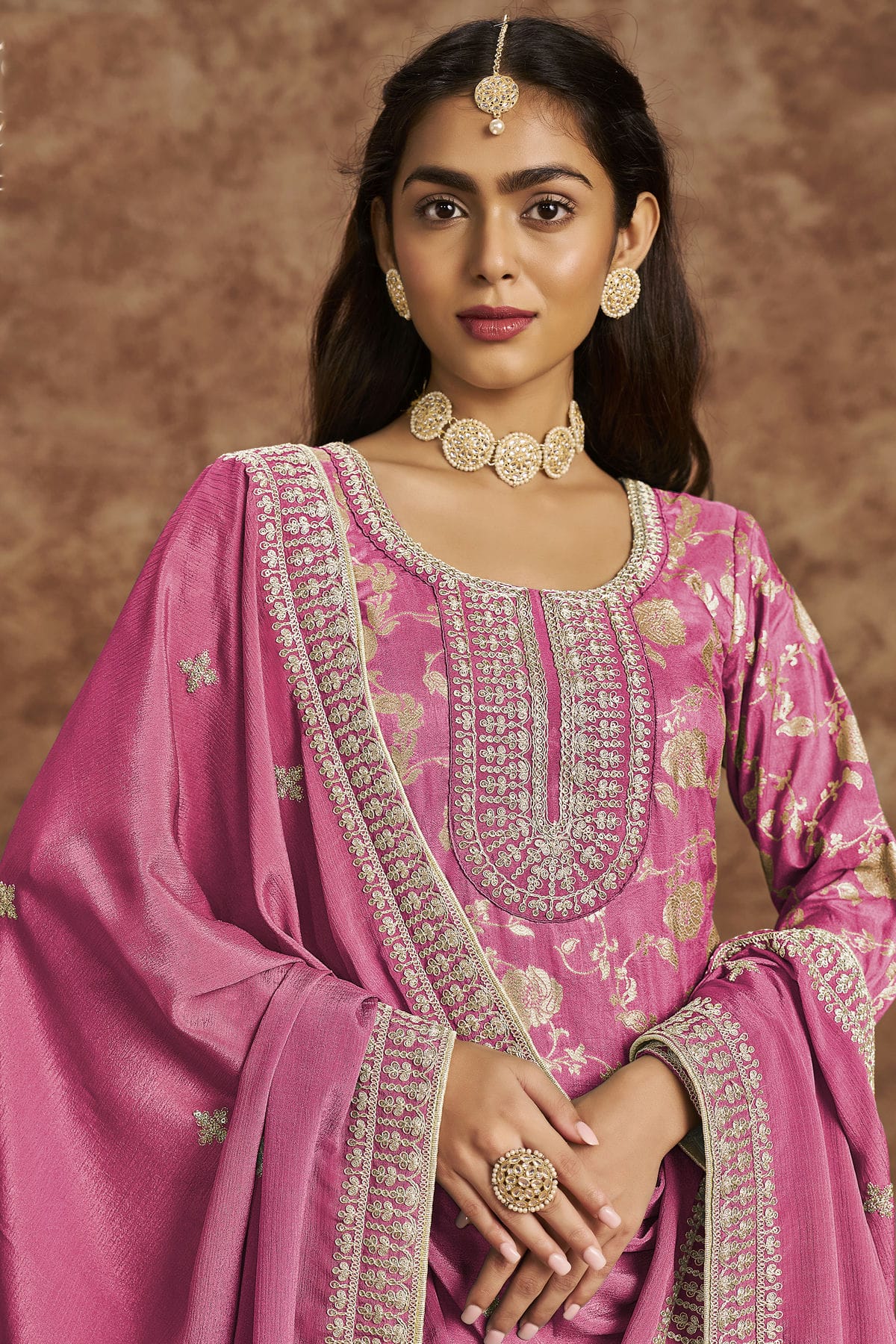 Pink Colour Dolla Silk Jacquard Straight Suit VSSM1050681