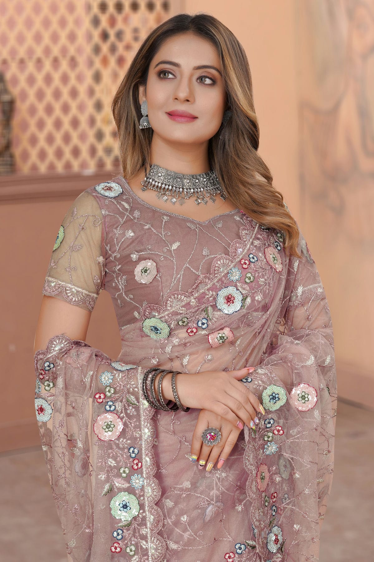 Pink Colour Net Designer Saree VSLC1121436