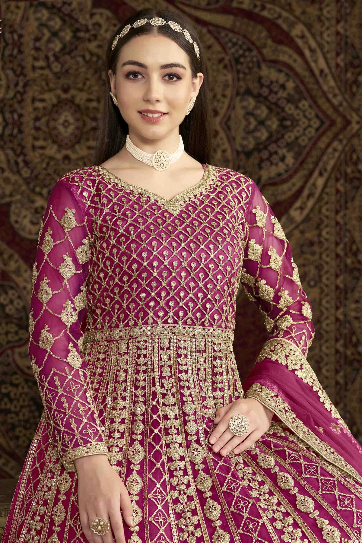 Pink Colour Net Semi Stitched Anarkali Suit VSSM1050699
