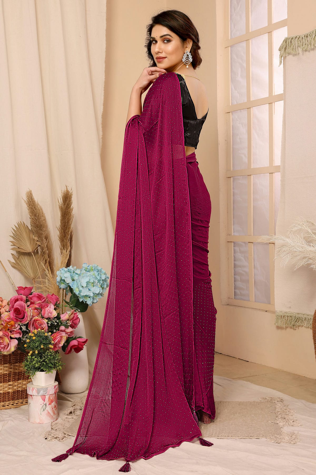 Pink Colour Satin Chiffon Stone Work Saree VSSD1180084