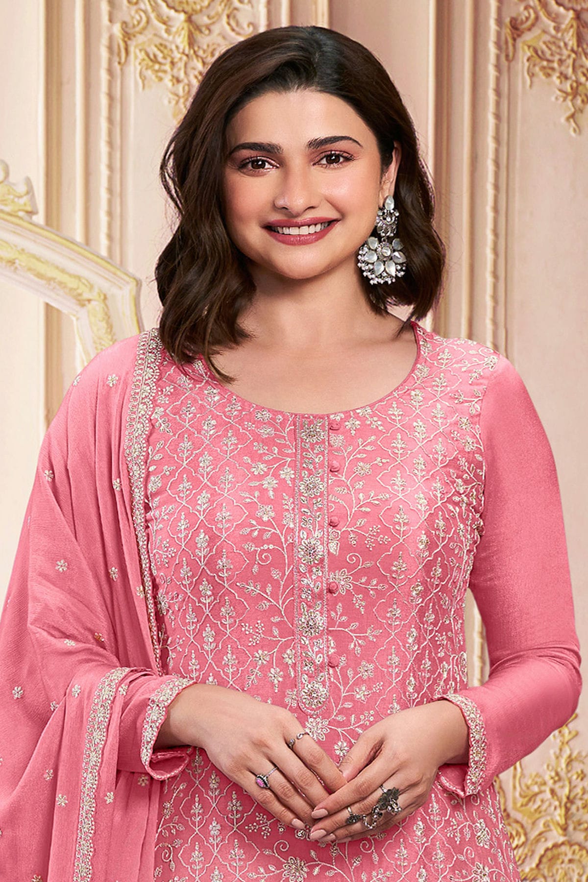 Pink Colour Semi Stitched Faux Georgette Pant Style Suit VSSM1140285