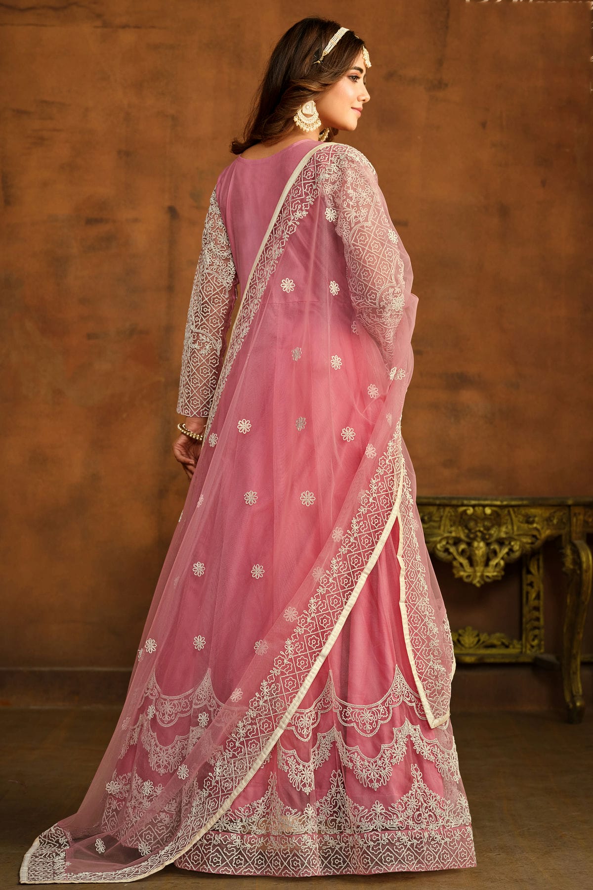 Pink Colour Semi Stitched Net Anarkali Suit VSSM1050443