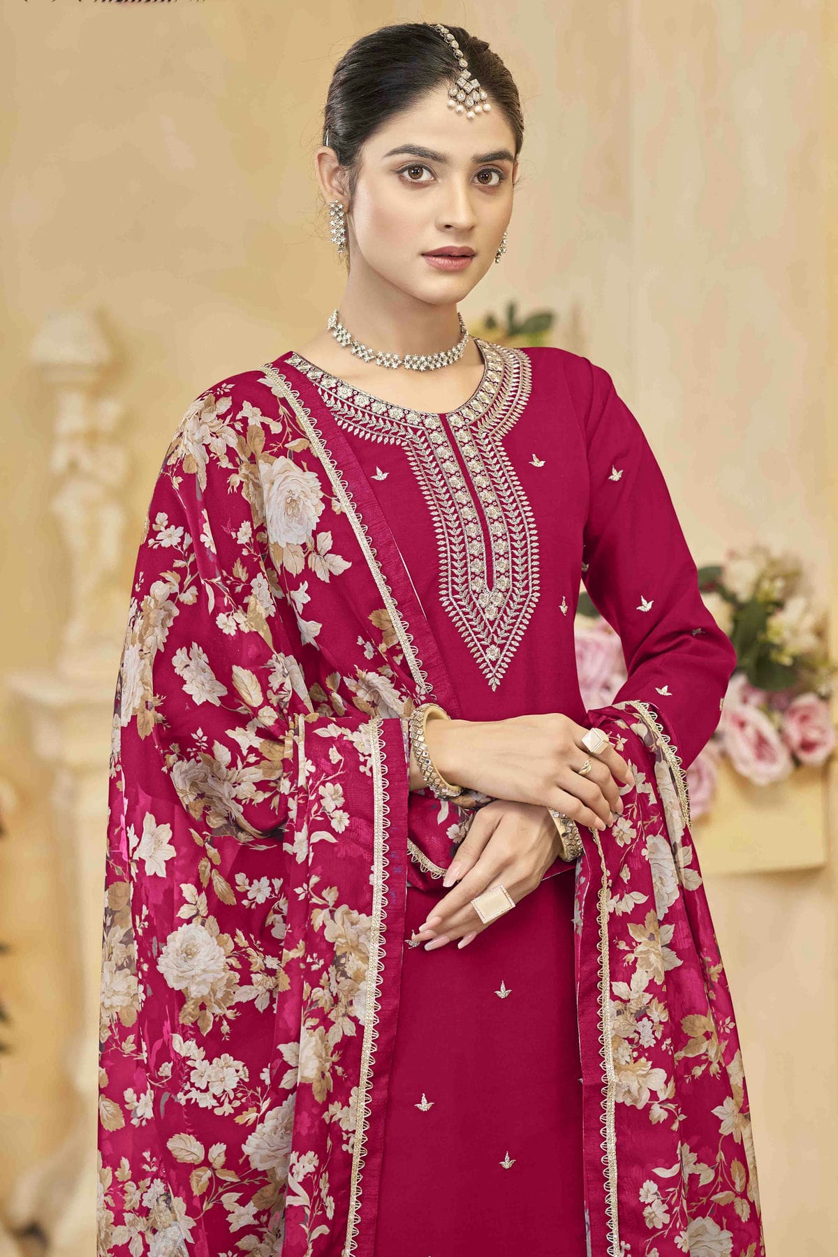 Pink Colour Semi Stitched Roman Silk Palazzo Pant Suit VSSM1050746