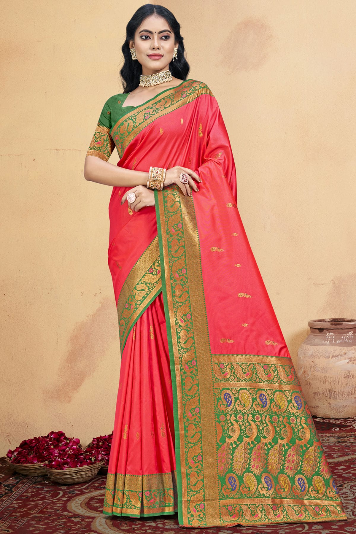 Pink Colour Silk Woven Work Traditional Saree