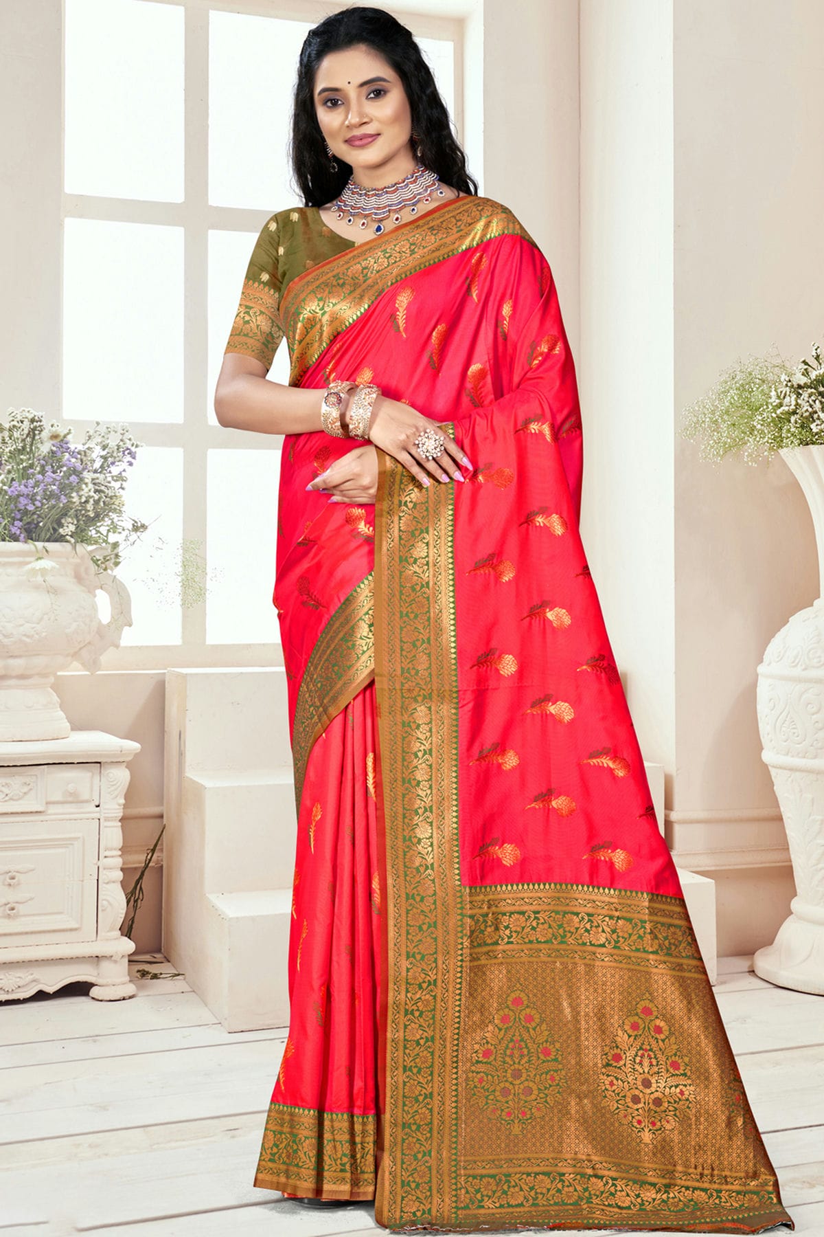 Pink Colour Silk Woven Work Traditional Saree