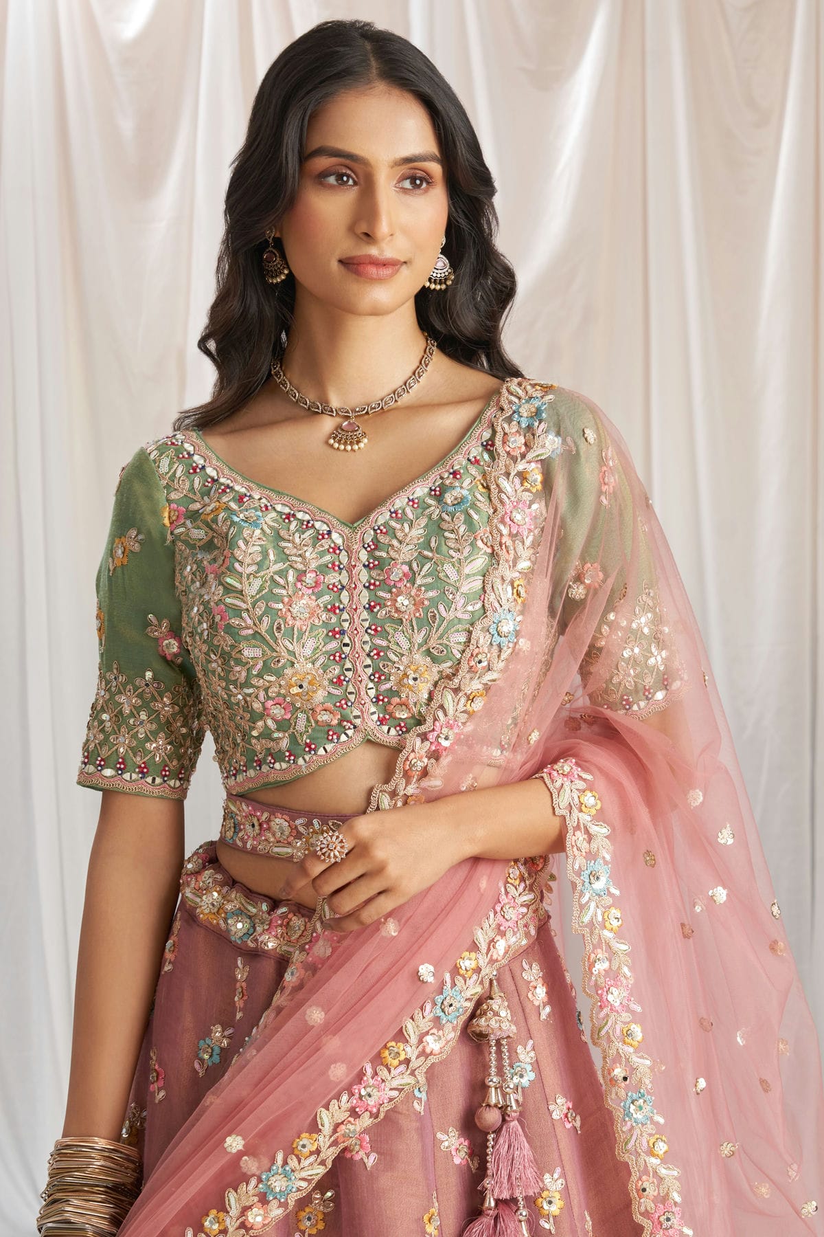 Pink Colour Tissue Embroidery Lehenga Choli VSLC1111347