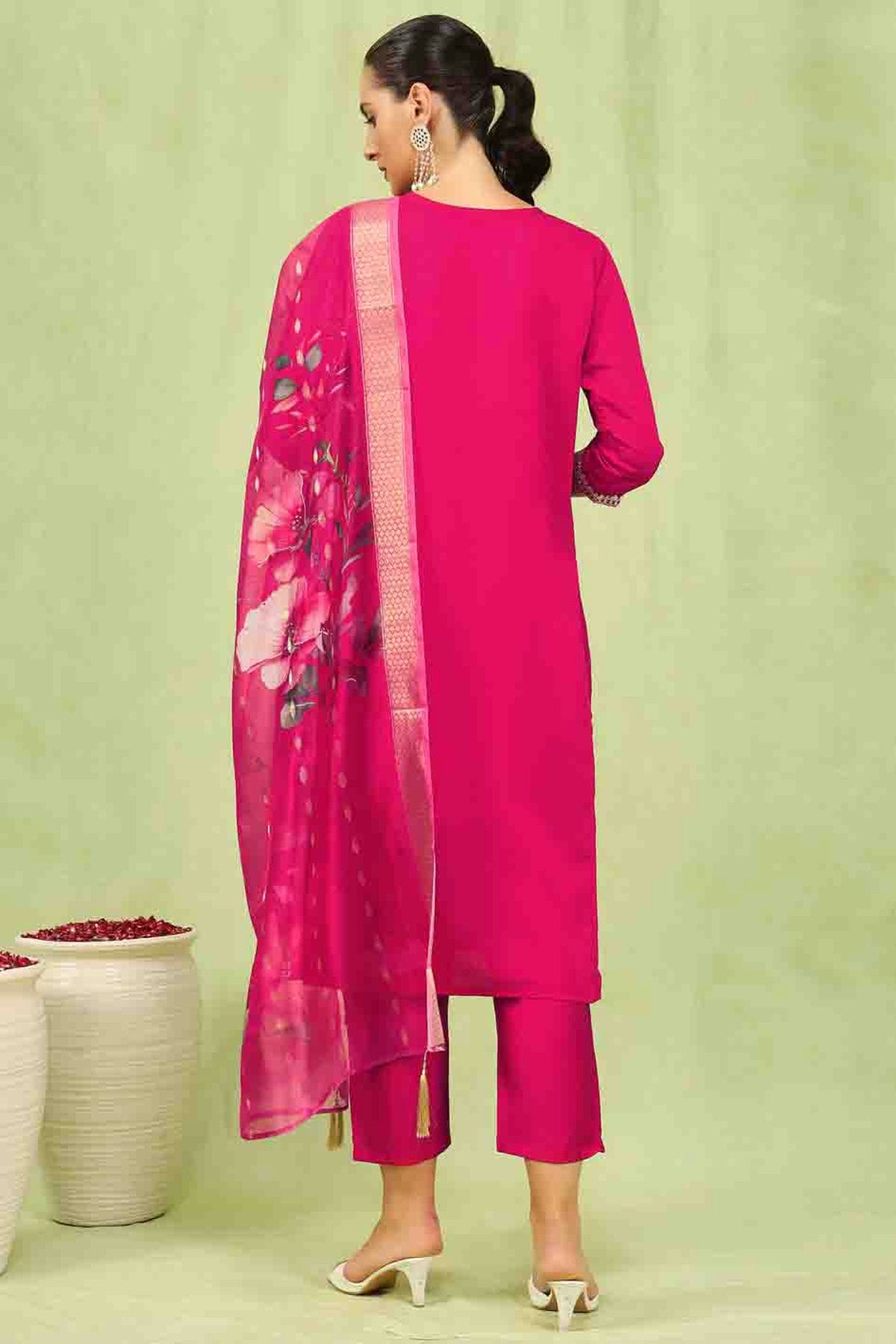 Pink Colour Viscose Roman Silk Stitched Pant Style Suit VSSS1113899