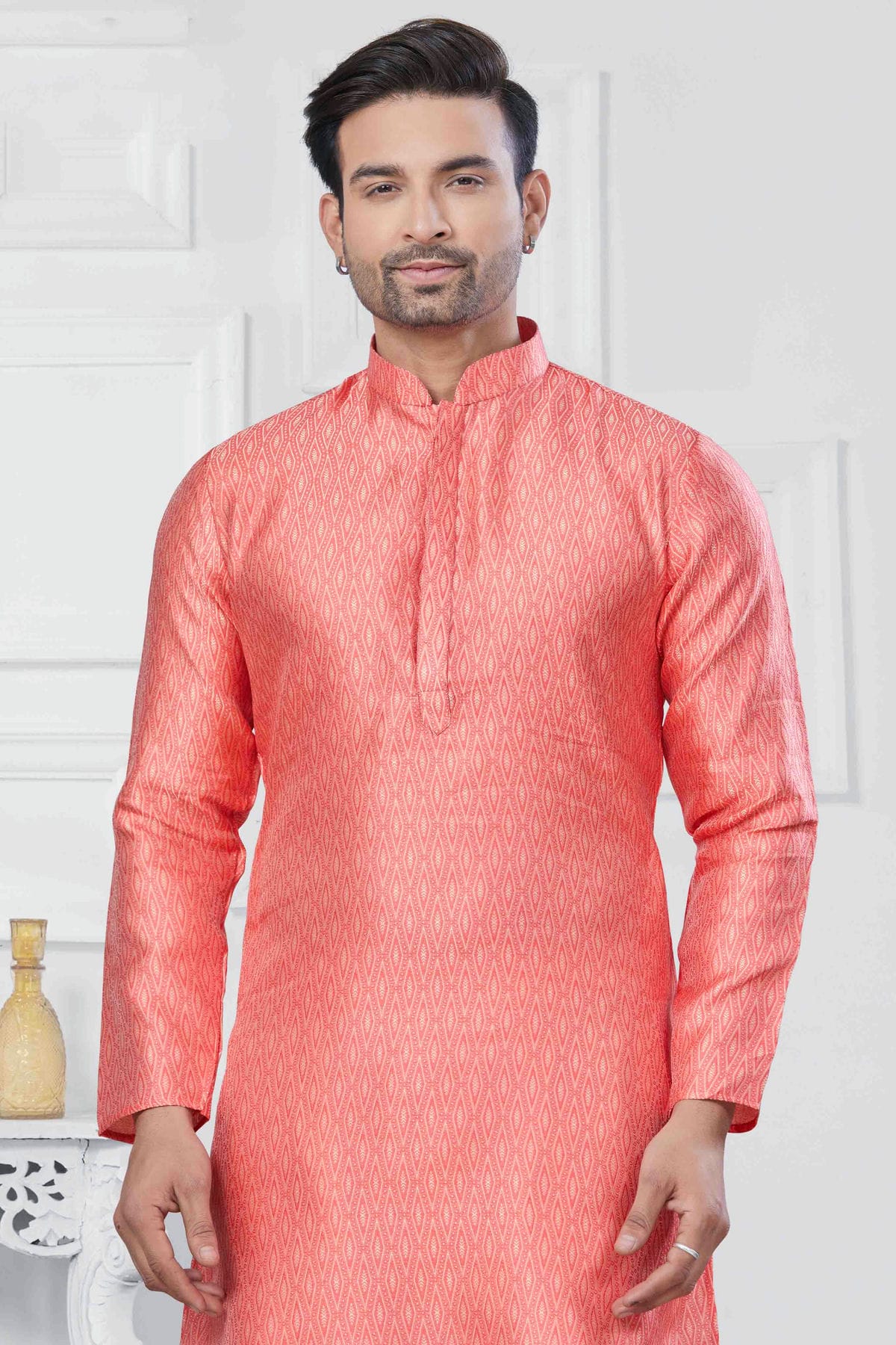 Pink Colour Woven Jacquard Silk Kurta Pajama VSKP1113450