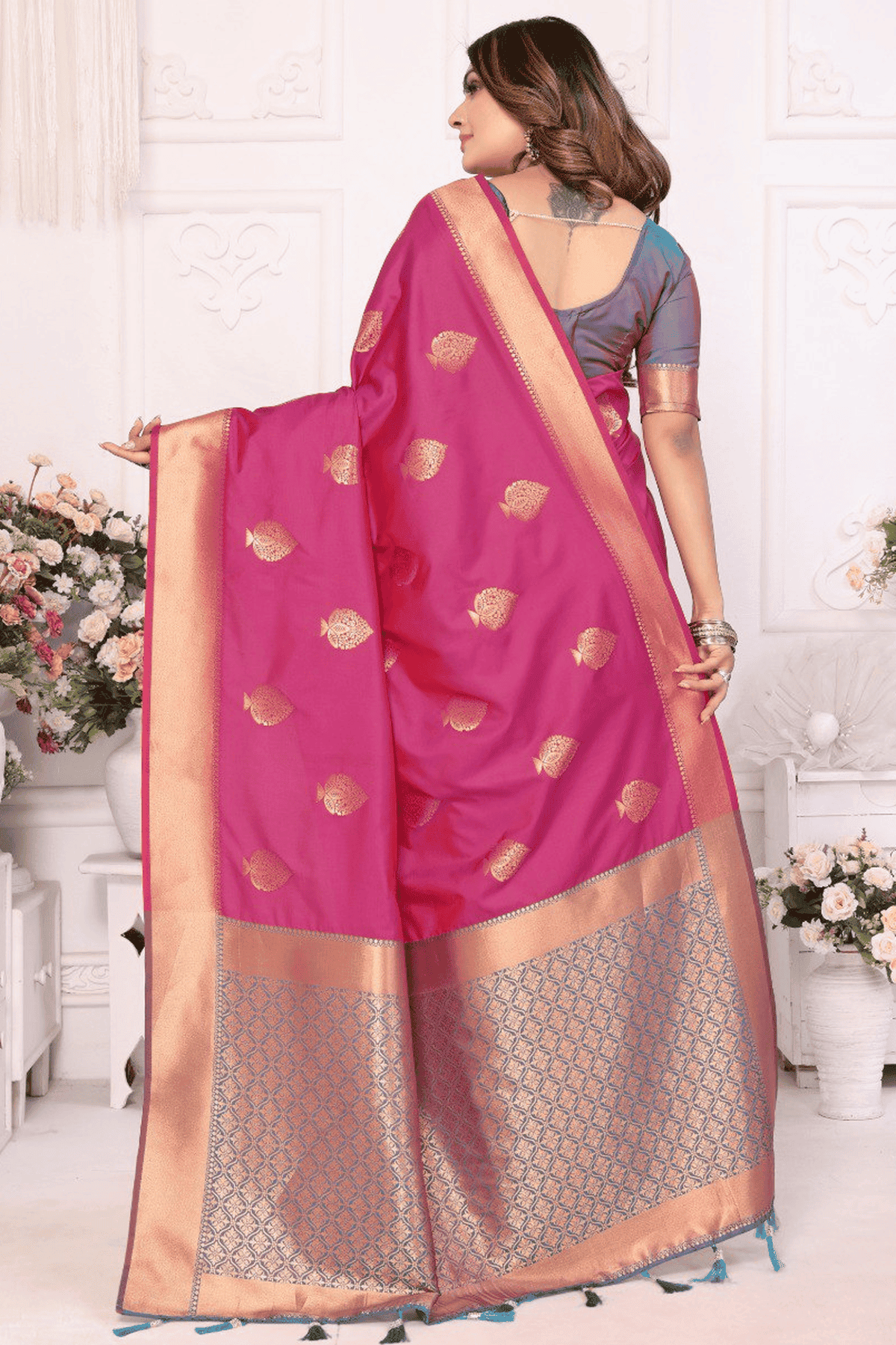 Pink Colour Woven Work Lichi Soft Silk Traditional Saree