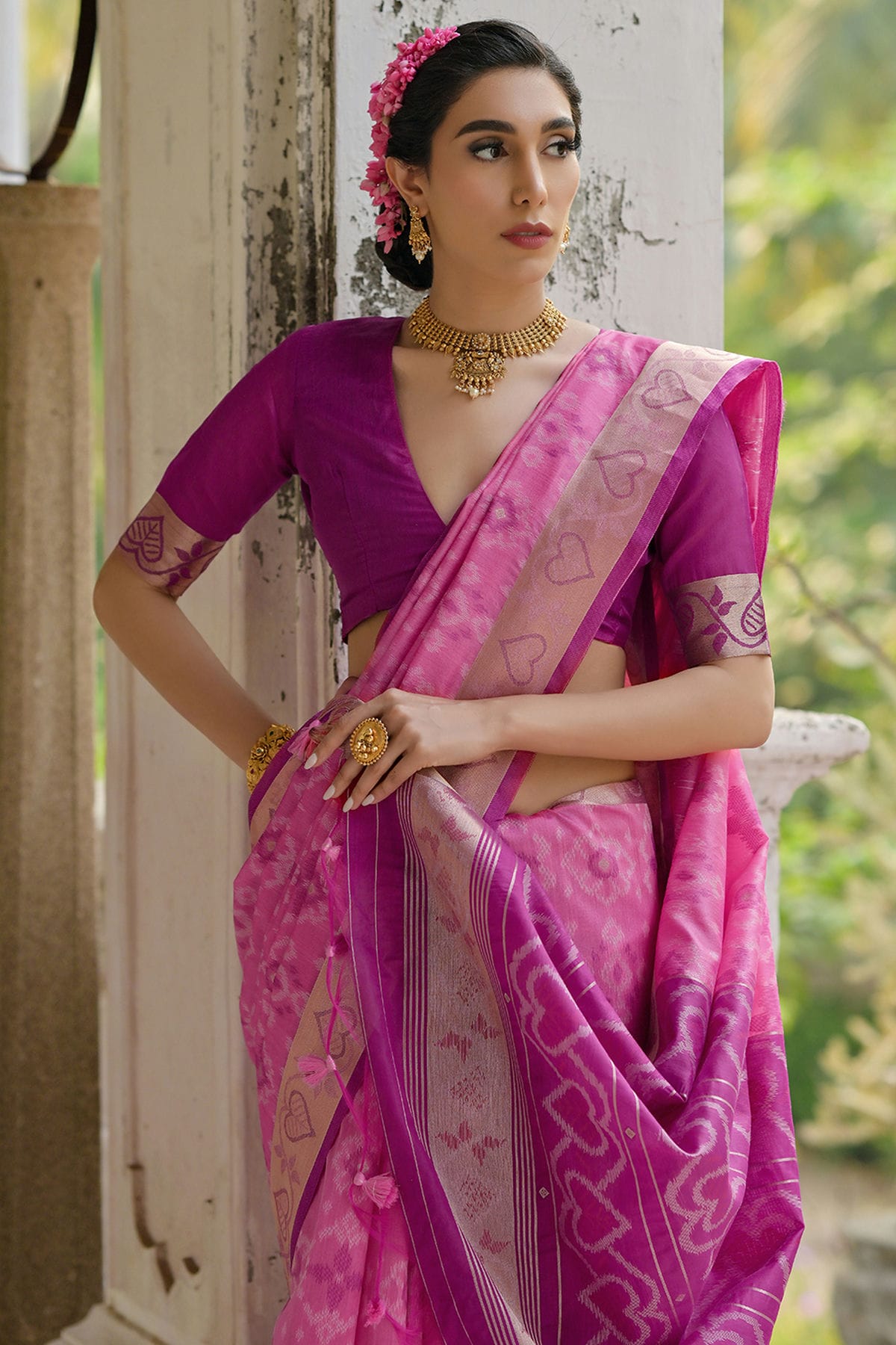 Pink Colour Woven Work Raw Silk Saree