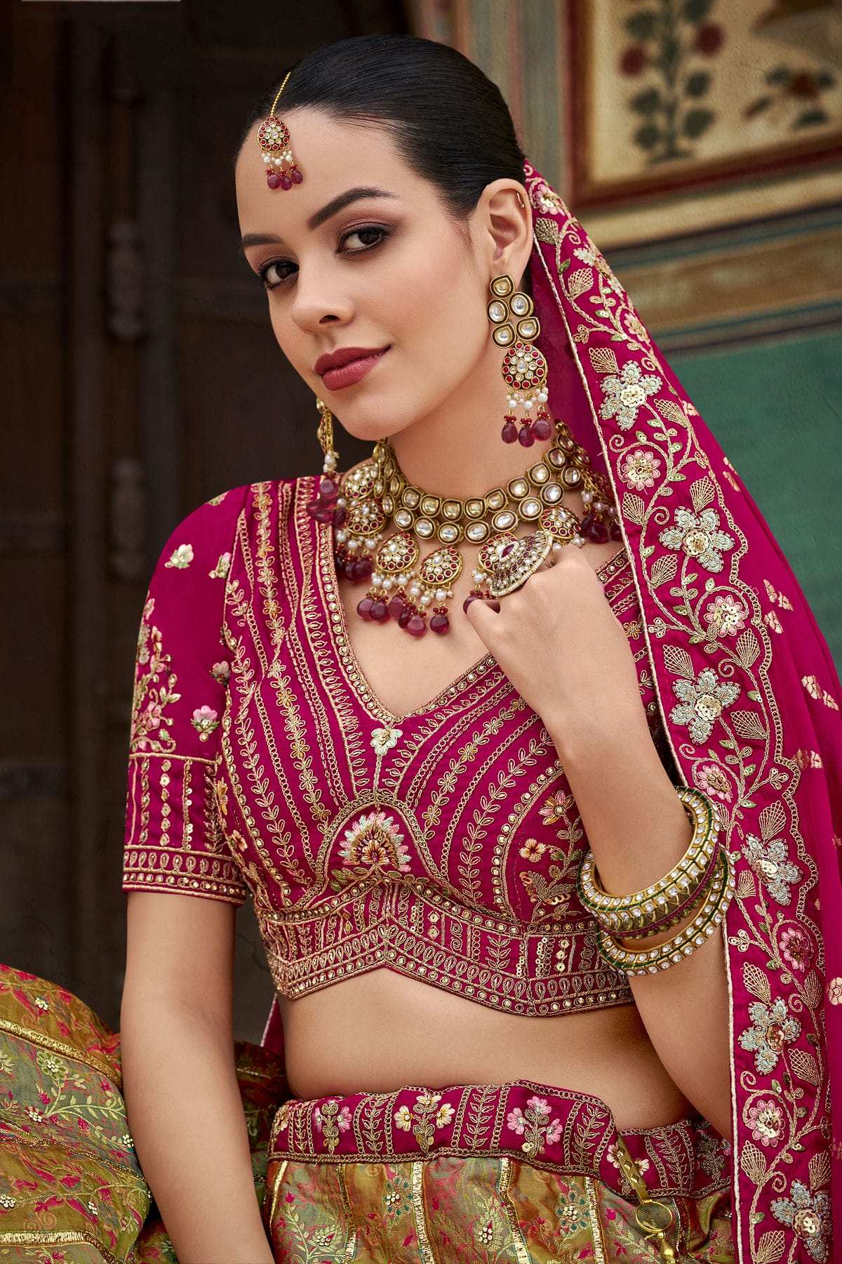 Pink and Light Green Colour Banarasi Silk Bridal Lehenga Choli VSLC1290096